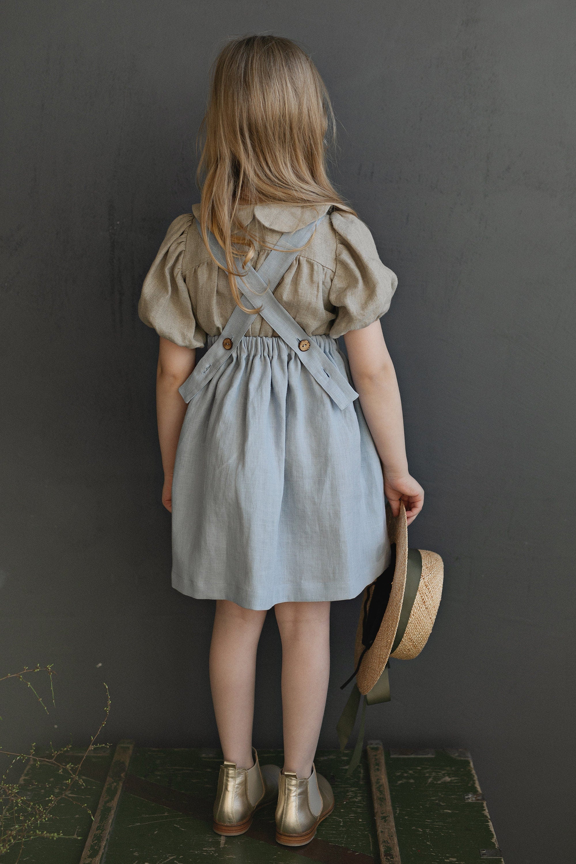 Baby Blue Cross Back Linen Pinafore