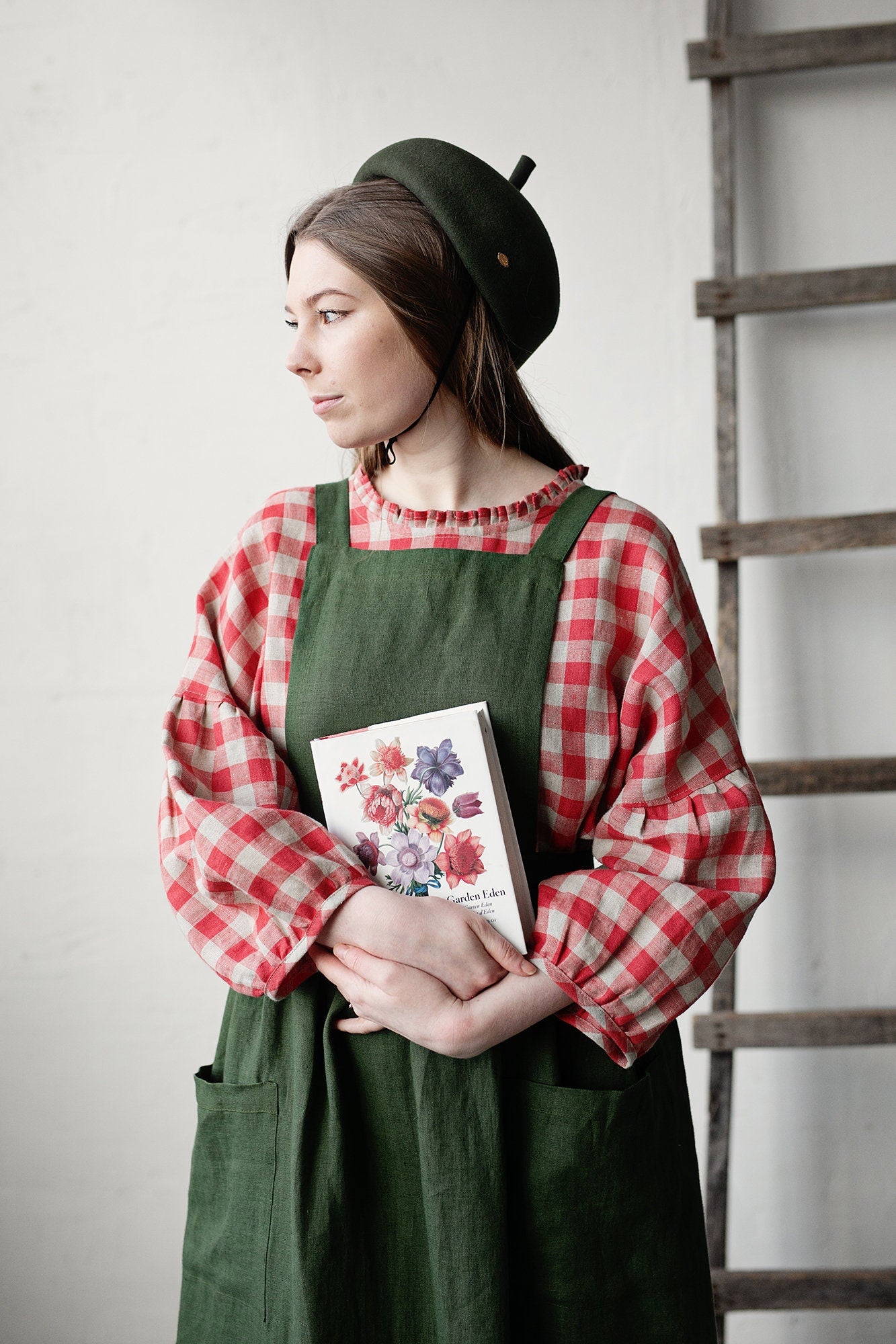 Forest Green Linen Long Cross Back Pinafore