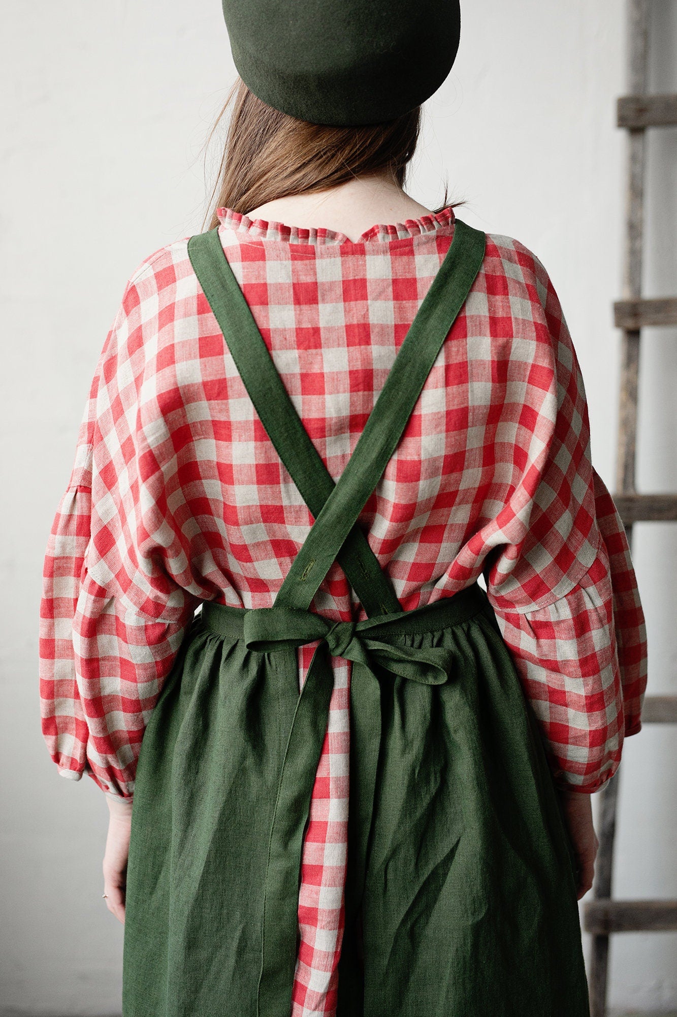 Forest Green Linen Long Cross Back Pinafore