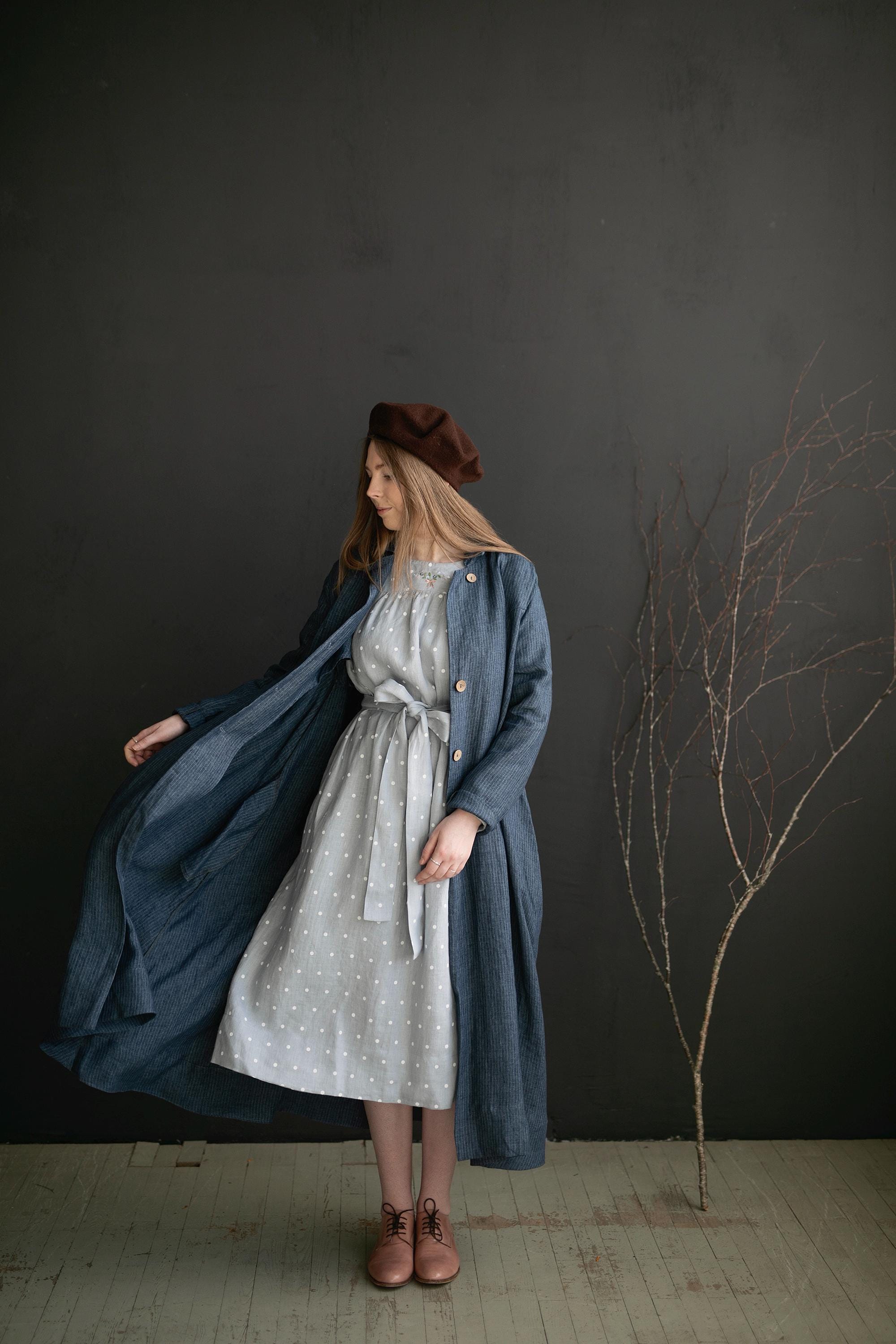 Blue Polka Dot Victorian Linen Dress