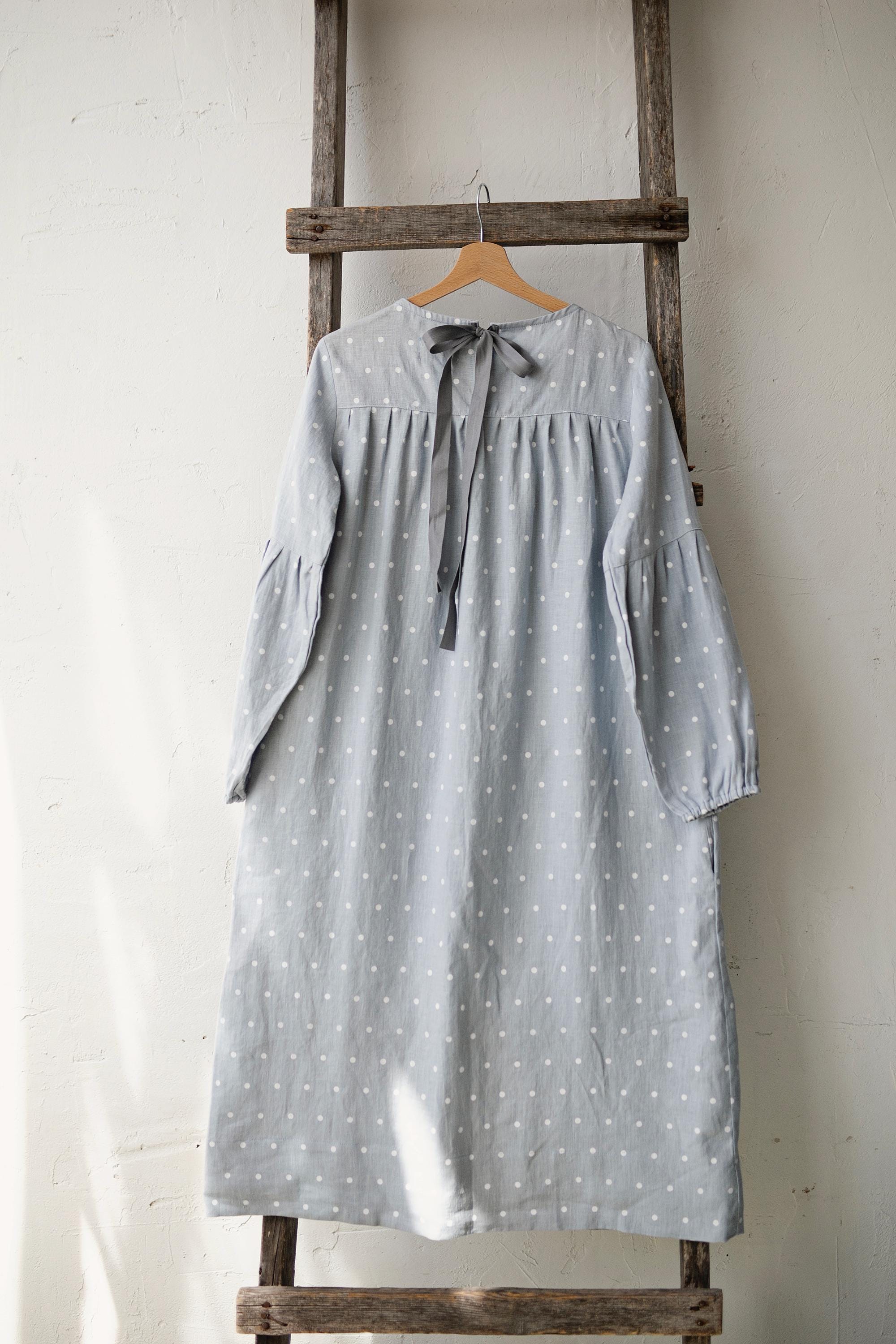 Blue Polka Dot Victorian Linen Dress