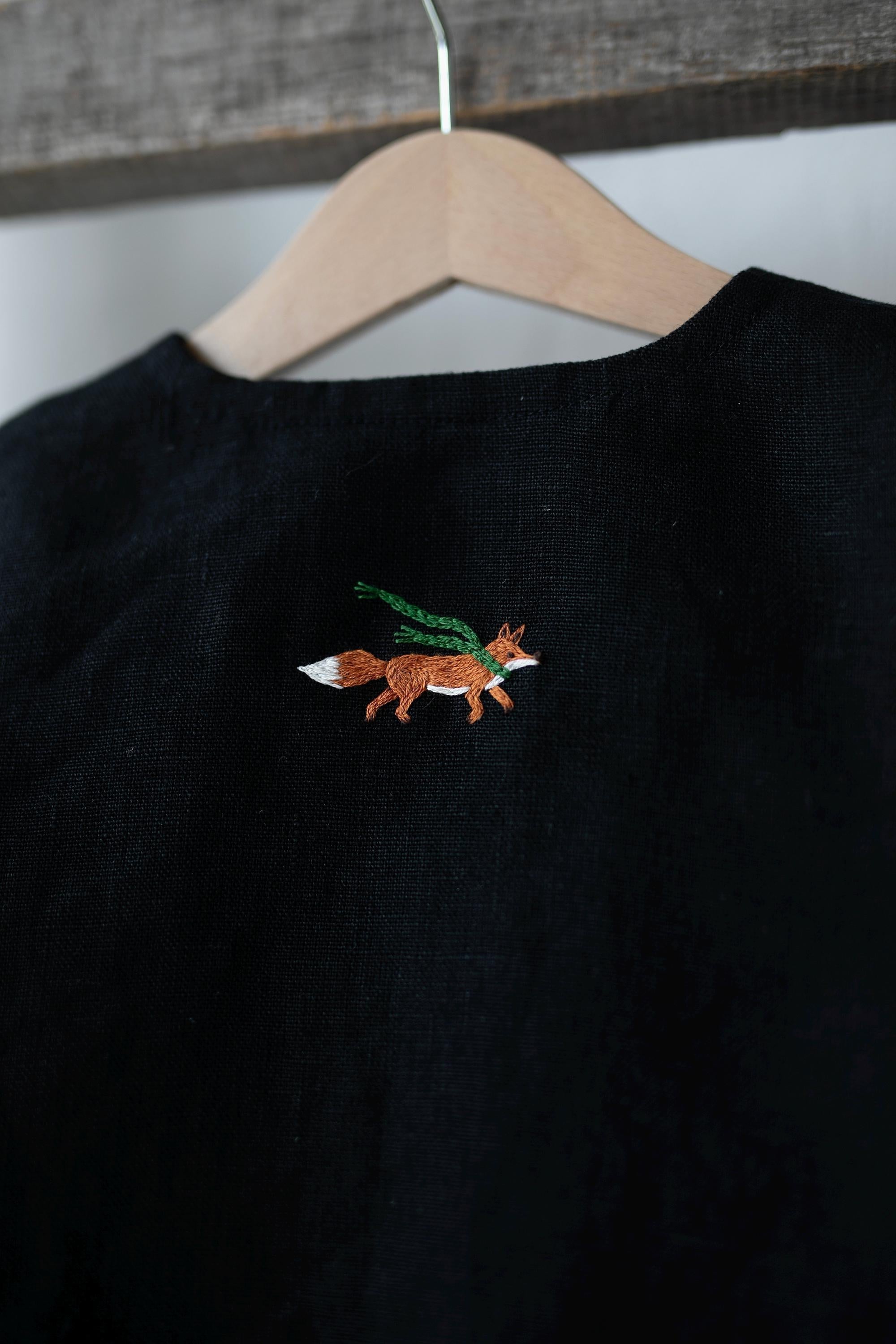 Black Linen Jacket, 5-6 years, Running Fox with Scarf Embroidery