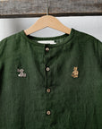 Forest Green Short Sleeve Classic Linen Shirt, 4-5 years, Plush Bunny & Teddy Bear Embroidery