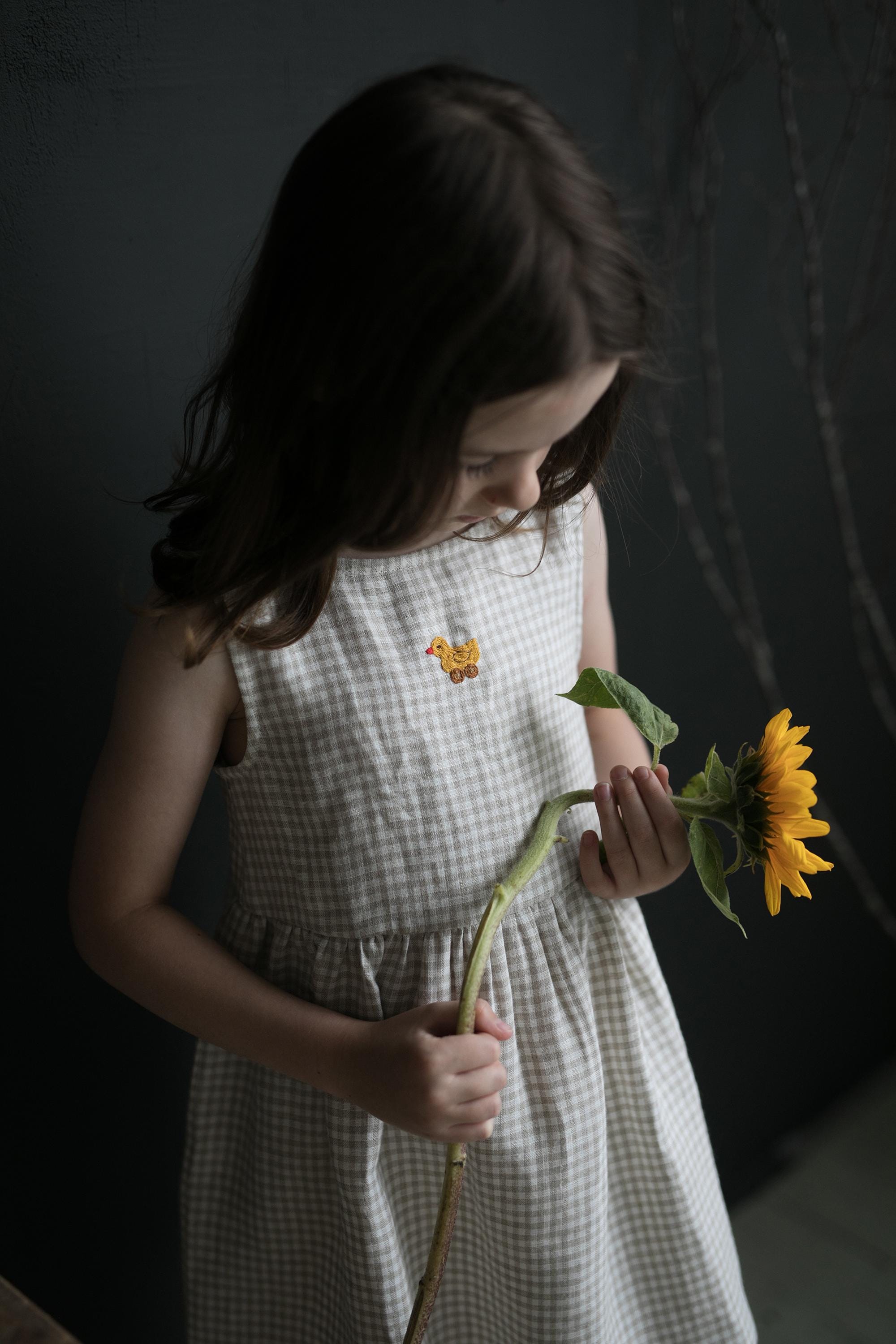 Cream Gingham Smock Linen Dress, 4-5 years, Duck Embroidery