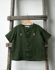 Forest Green Short Sleeve Classic Linen Shirt, 4-5 years, Plush Bunny & Teddy Bear Embroidery