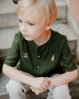 Forest Green Short Sleeve Classic Linen Shirt, 4-5 years, Plush Bunny & Teddy Bear Embroidery