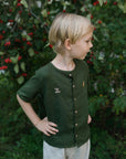 Forest Green Short Sleeve Classic Linen Shirt, 4-5 years, Plush Bunny & Teddy Bear Embroidery