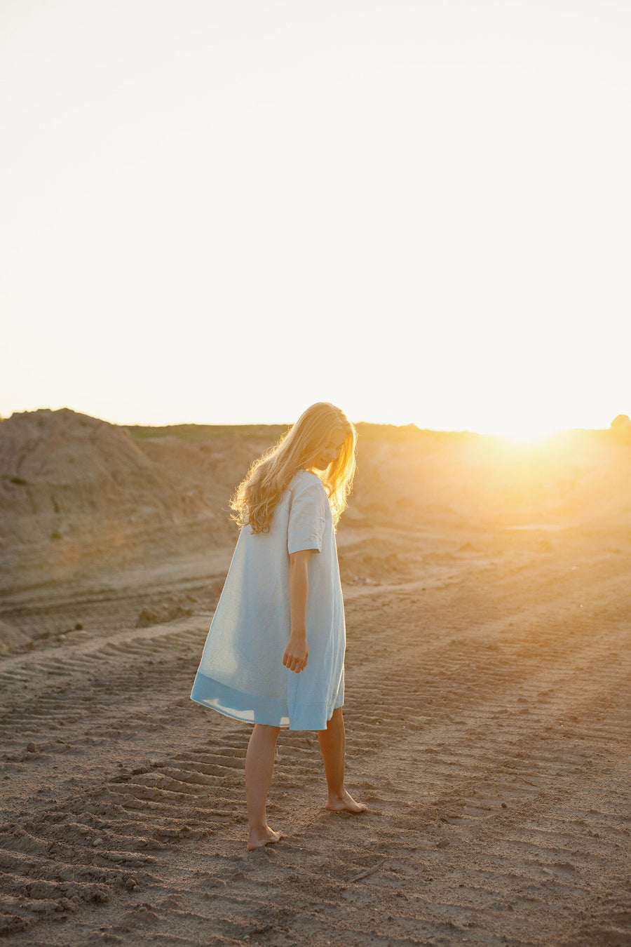 Light Blue Short Sleeve A-line Midi Dress, Size S