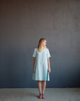 Light Blue Short Sleeve A-line Midi Linen Dress, Size S