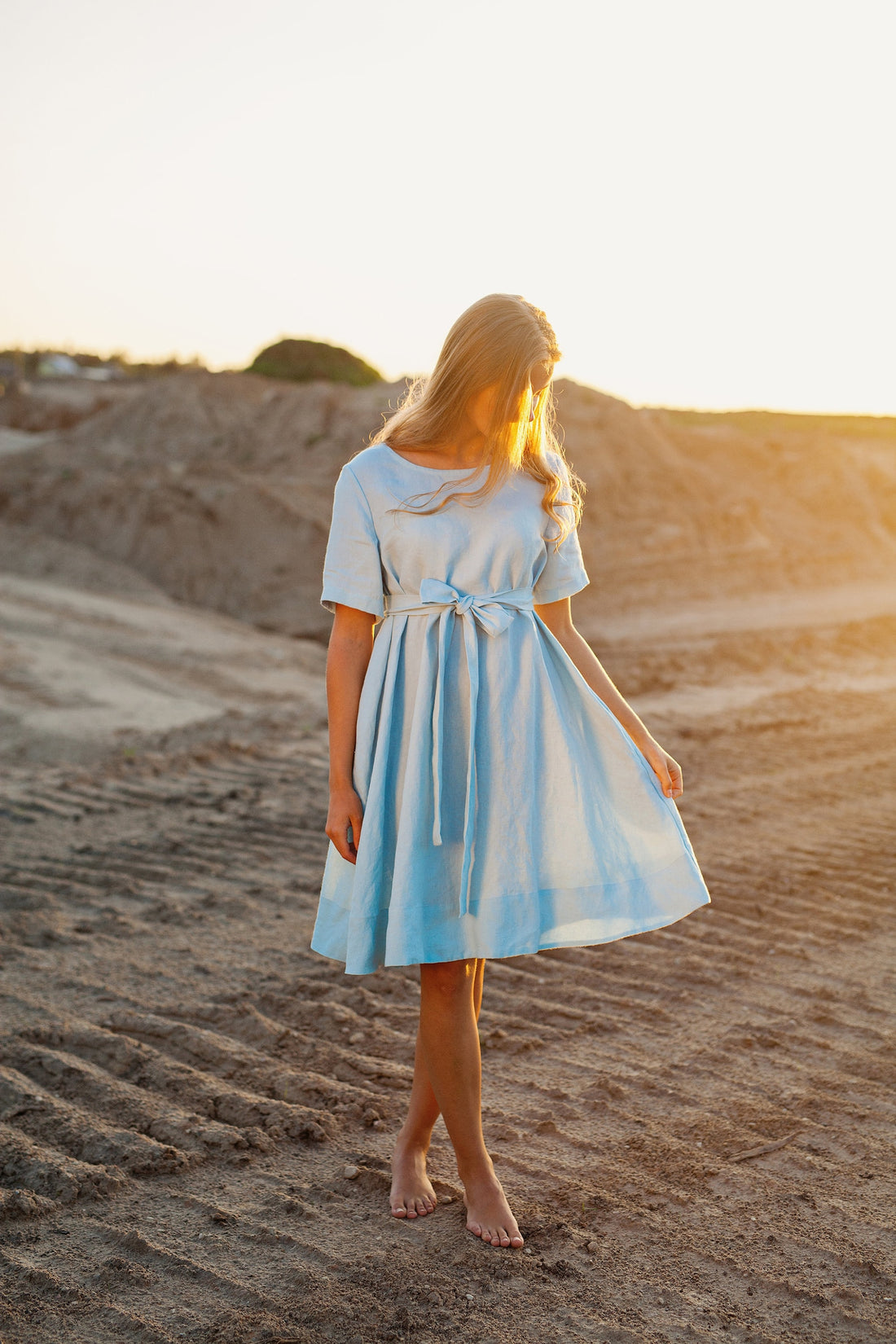 Light Blue Short Sleeve A-line Midi Dress, Size S