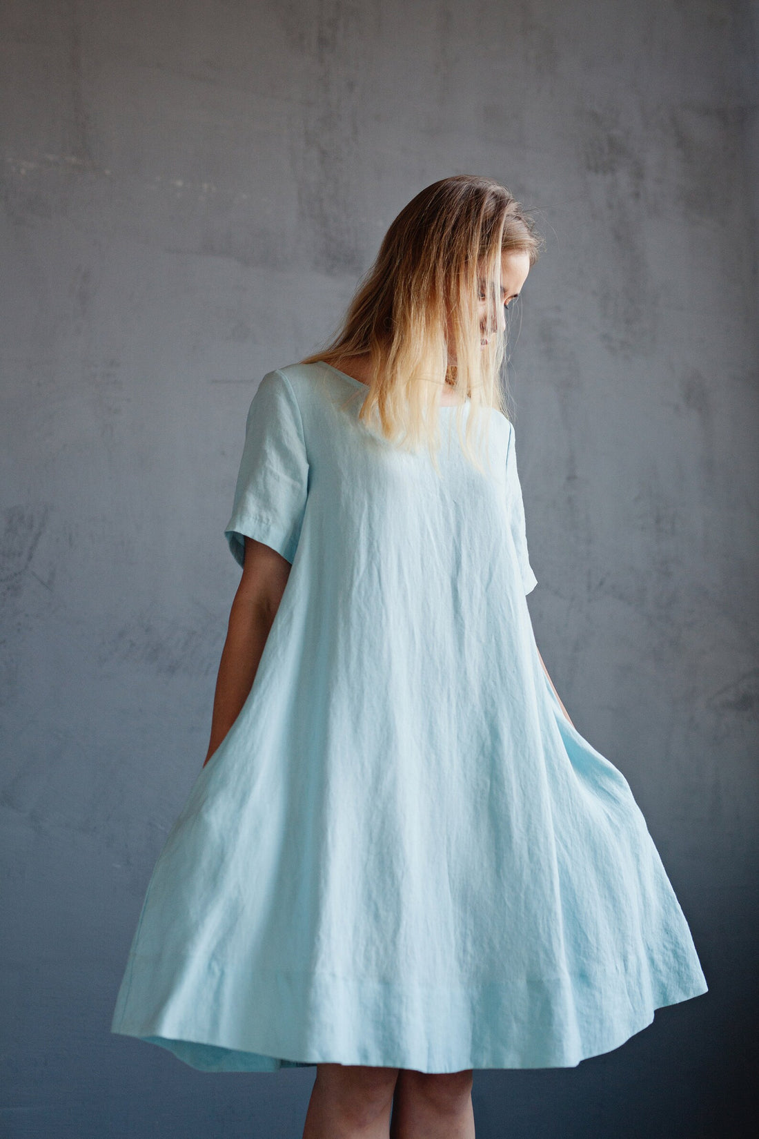 Light Blue Short Sleeve A-line Midi Dress, Size S