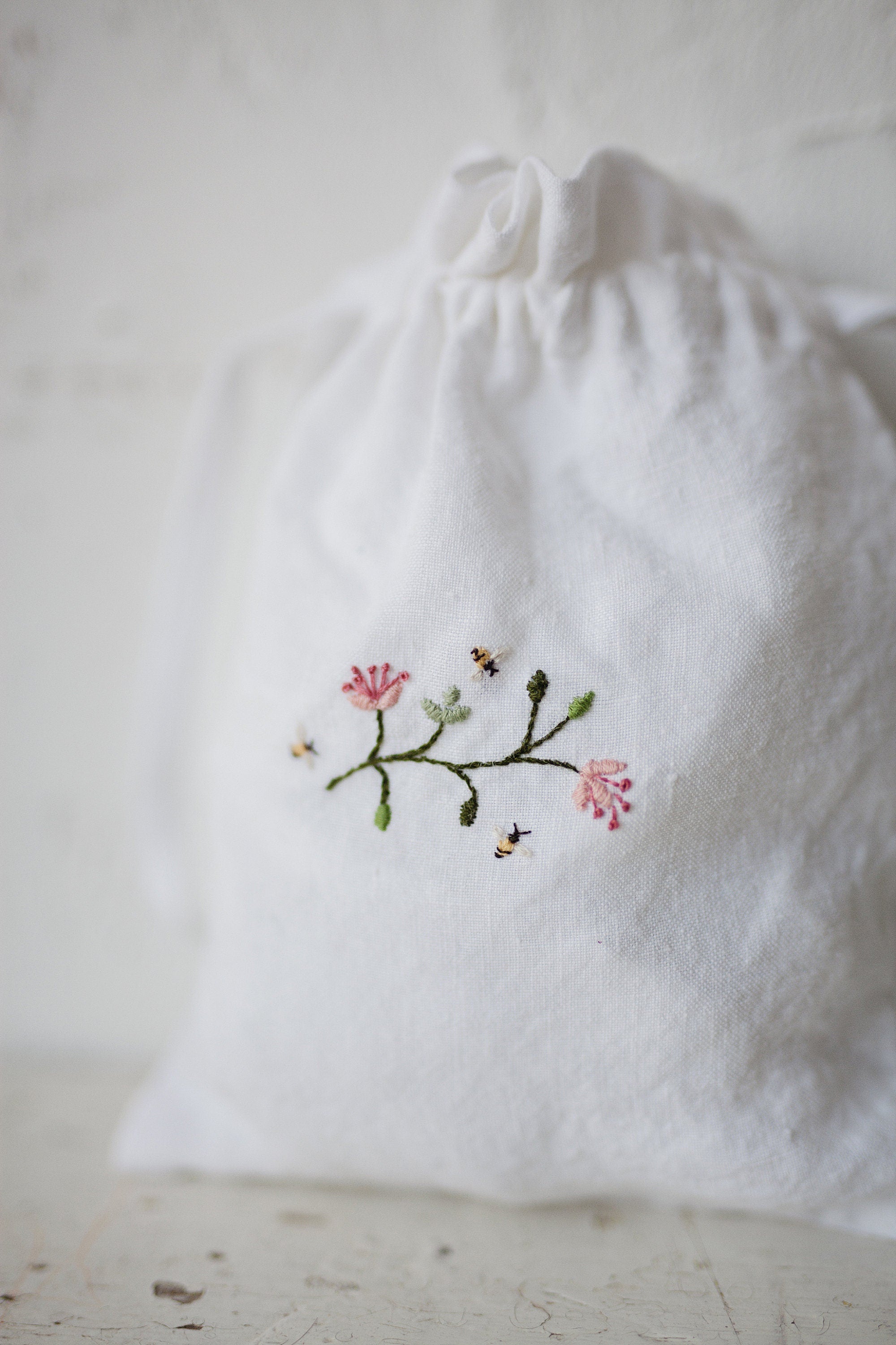 Flower and Three Bees Pouch Linen Bag