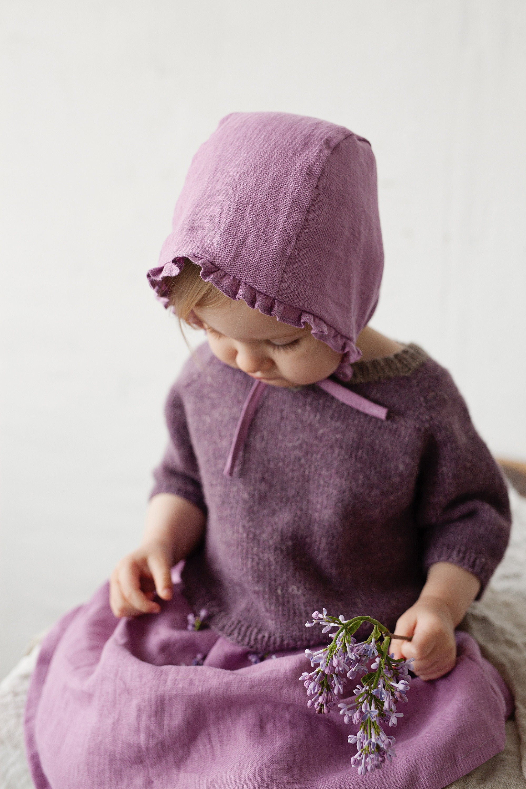 Lilac Ruffle Linen Bonnet