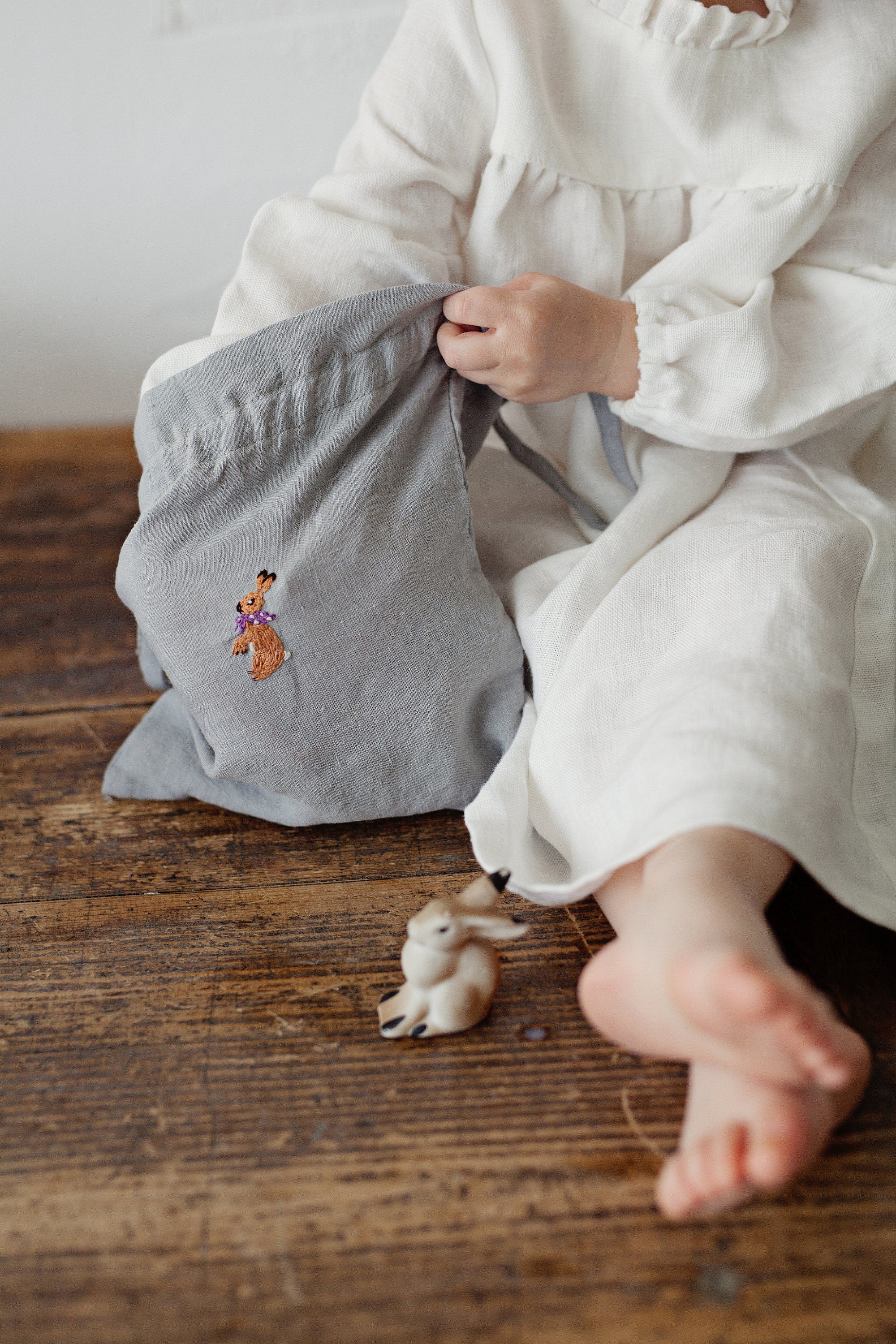 Rabbit with Linen Scarf Pouch Linen Bag
