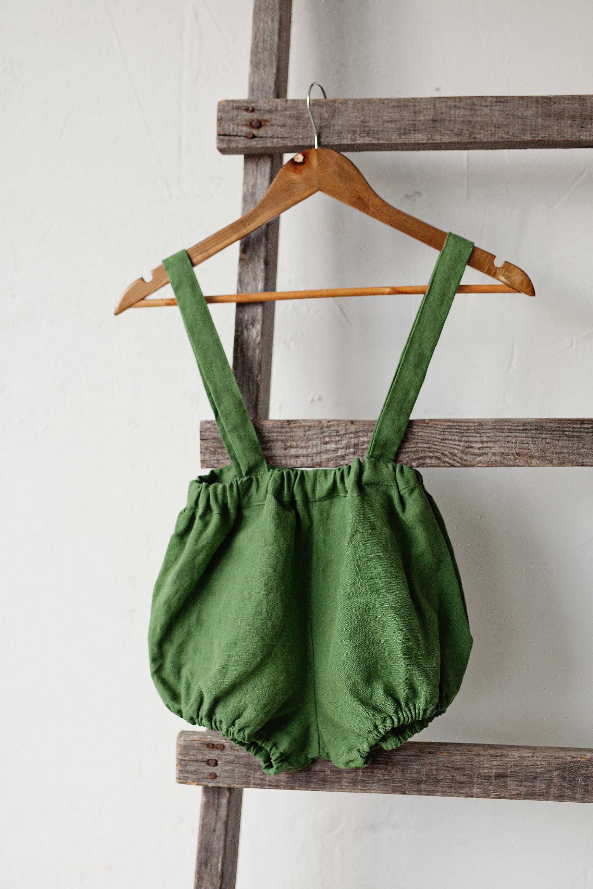 Apple Green Linen Shorts with Suspenders
