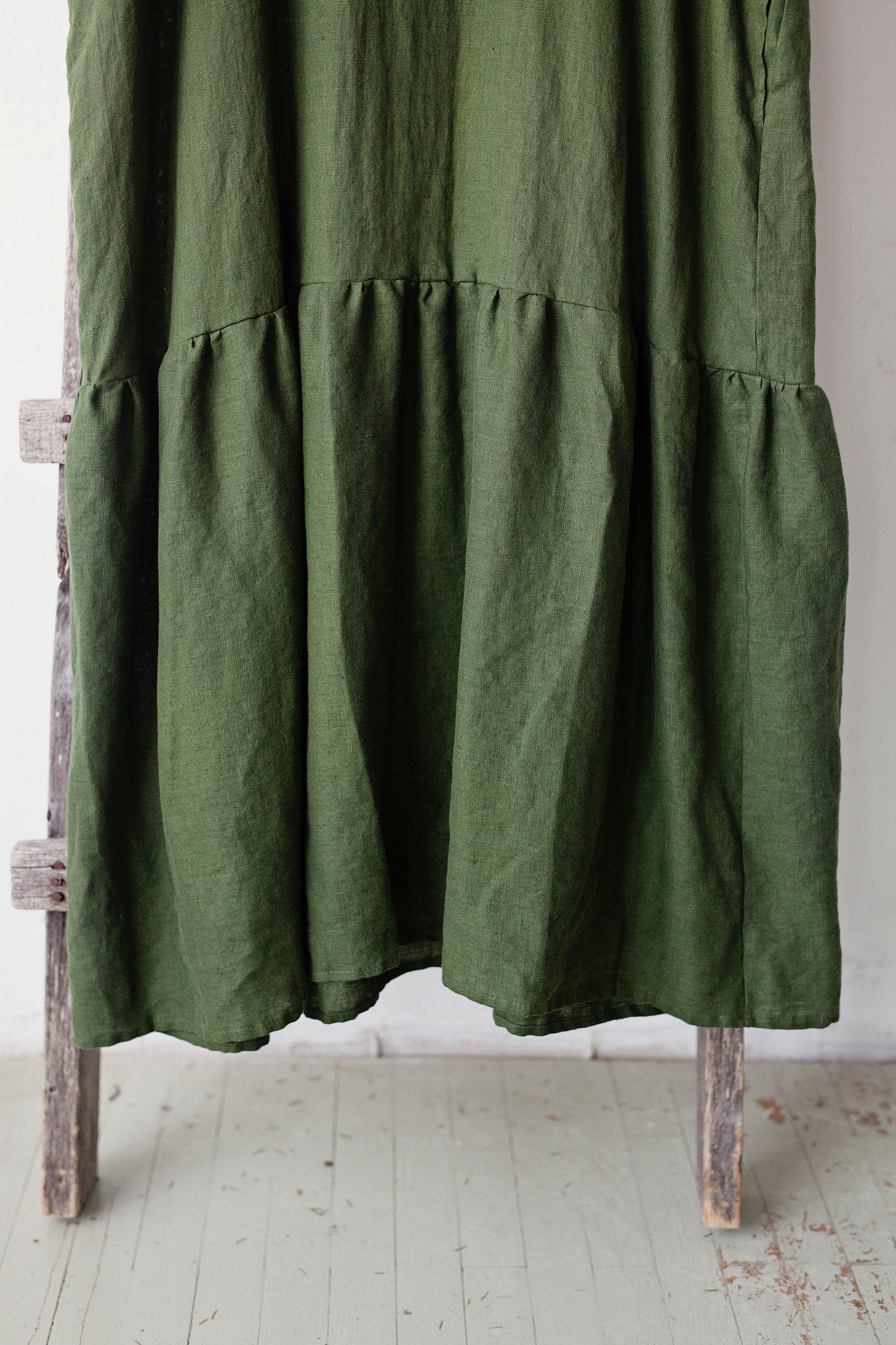Forest Green Ruffle Kimono Linen Dress