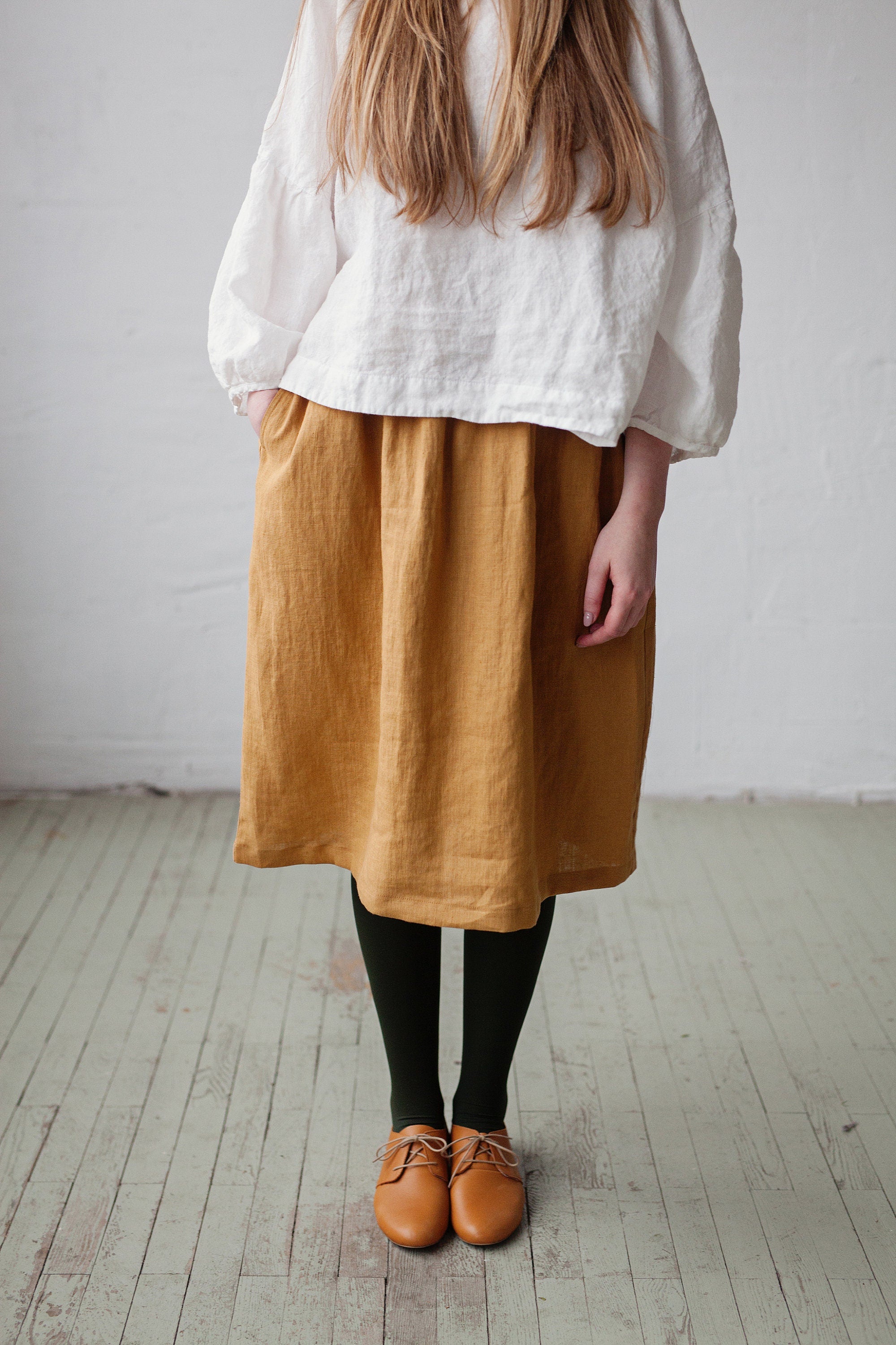 Mustard Classic Midi Linen Skirt