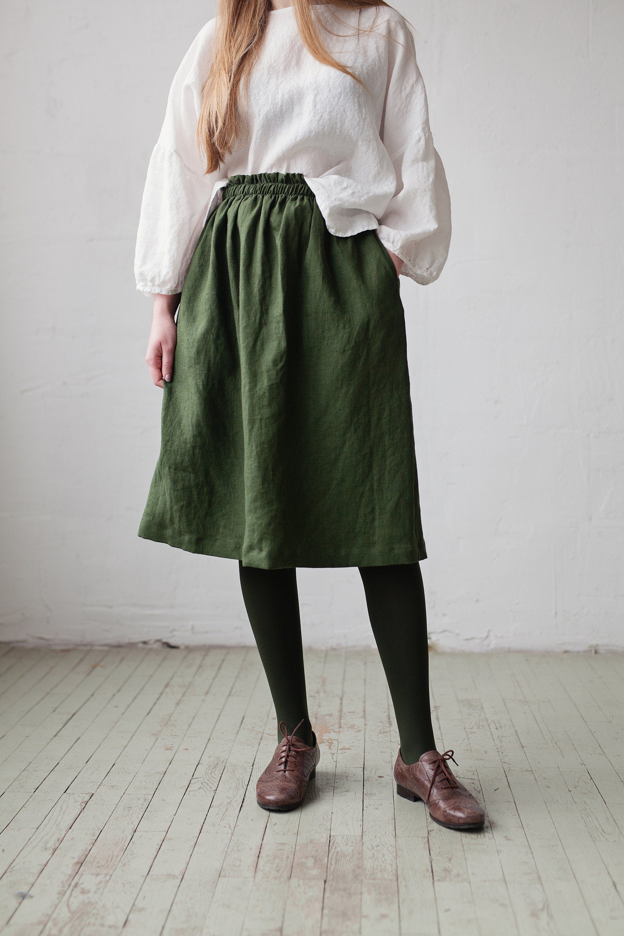 Forest Green Classic Midi Linen Skirt