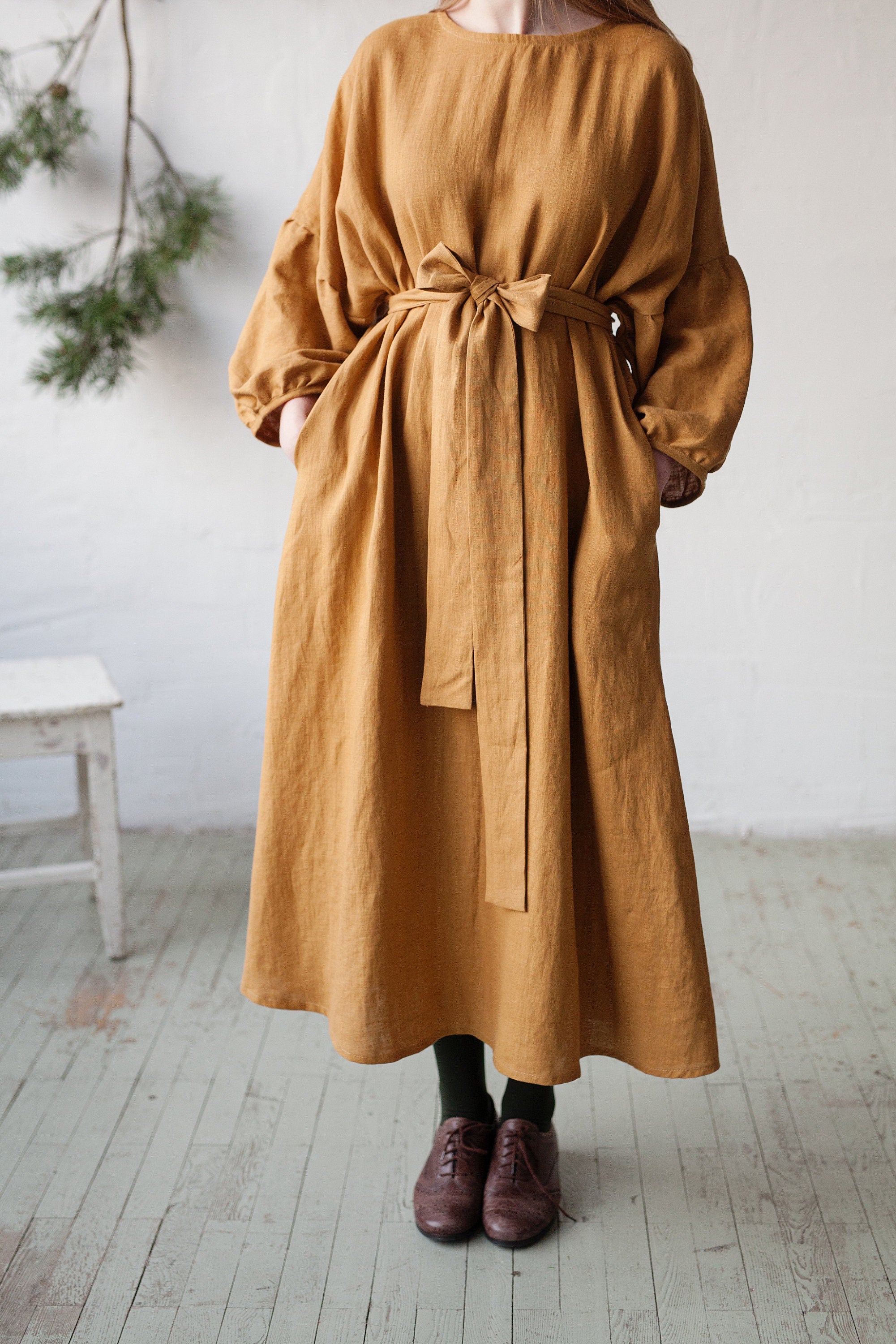 Mustard Kimono Linen Dress