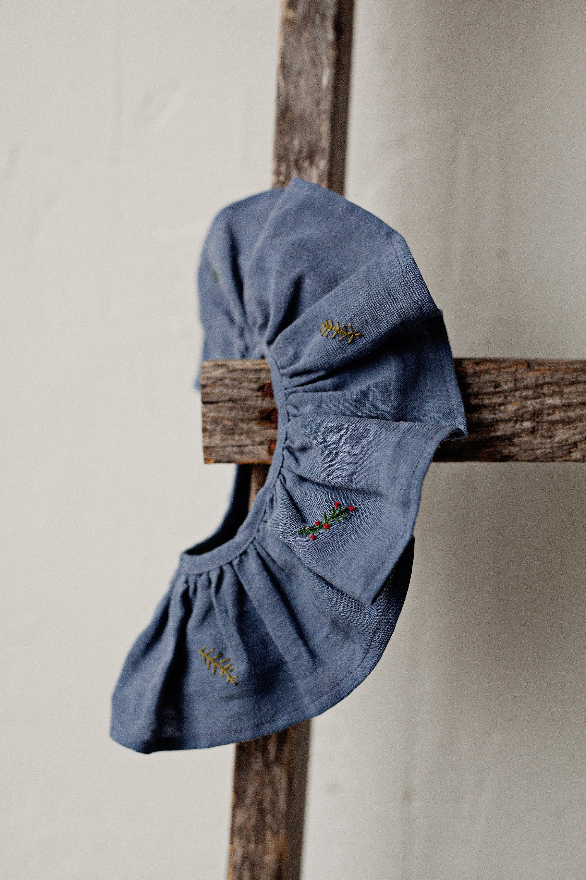 Dusty Blue Ruffle  Linen Collar with Branches