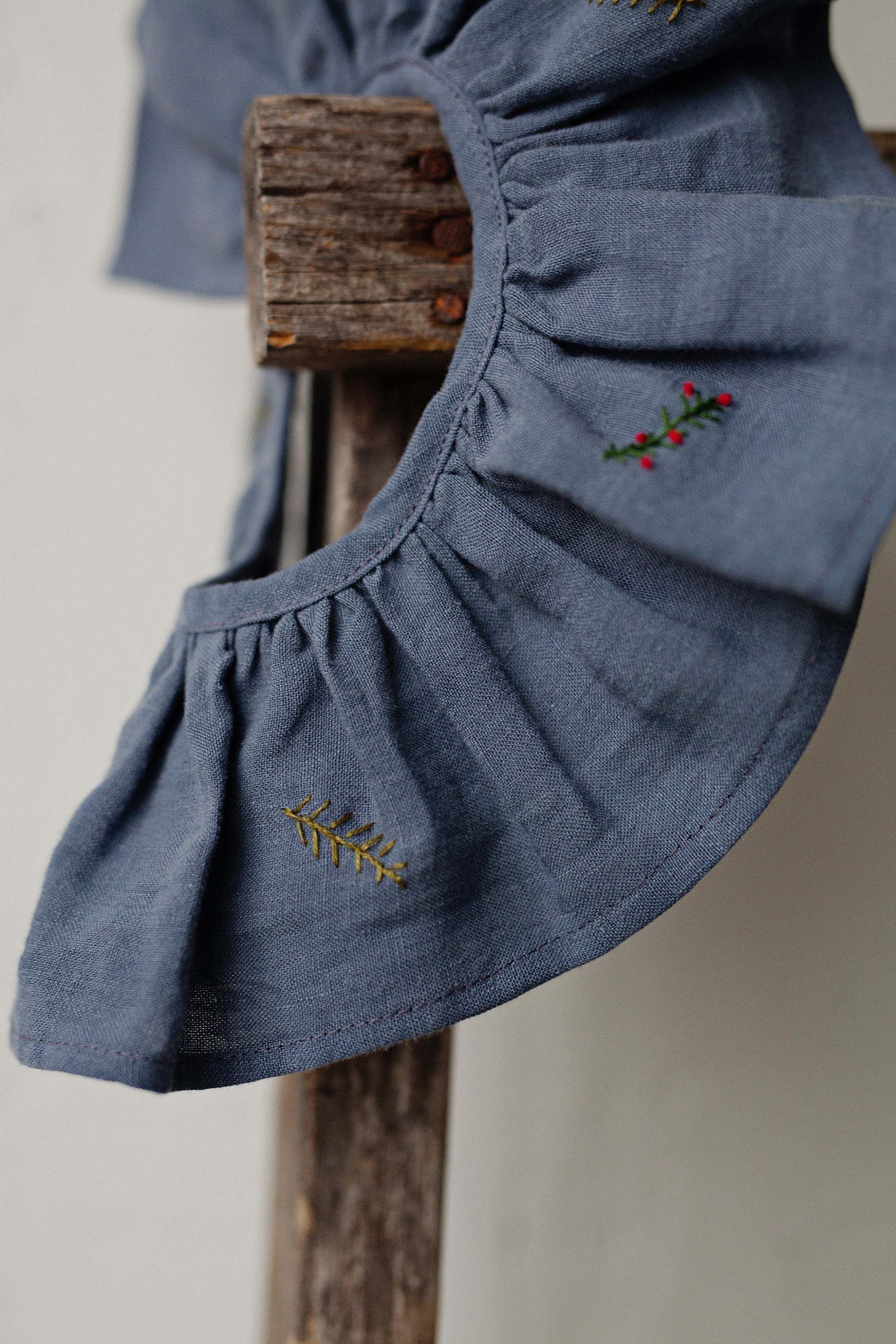 Dusty Blue Ruffle  Linen Collar with Branches