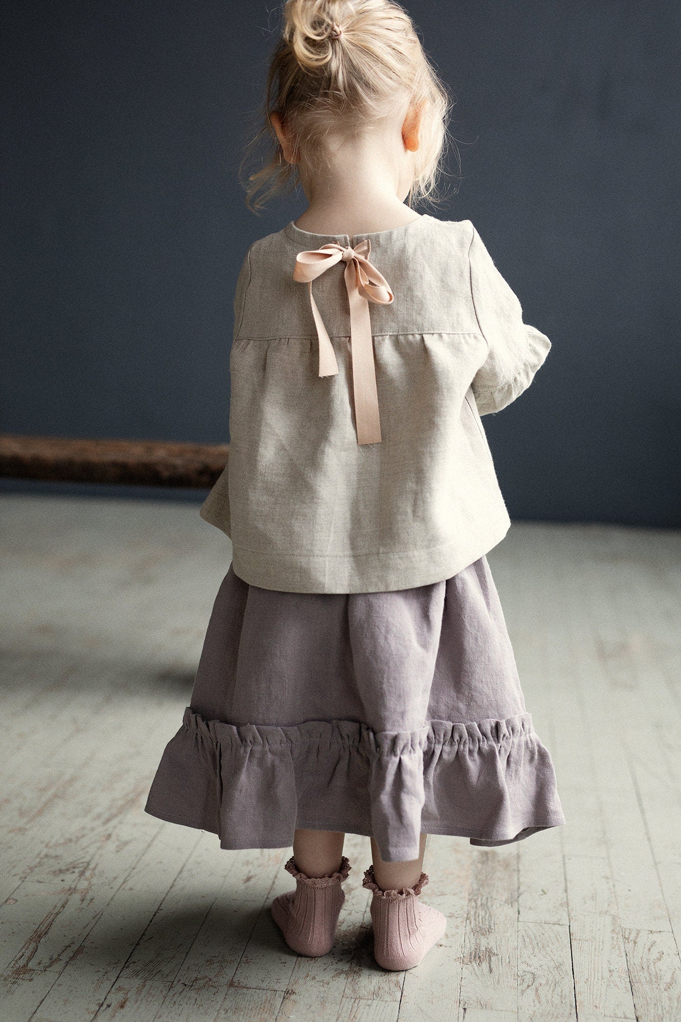 Natural Short  Linen Tunic, Size 1-2 years, Cherry blossom embroidery