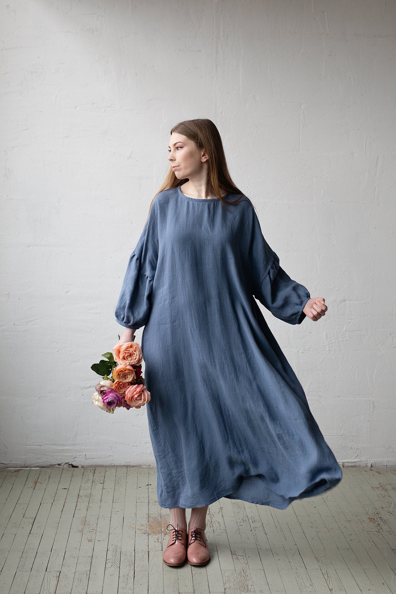 kimono linen dress Linen Wrap Dress: Spice Color V-neck Kimono Midi Dress