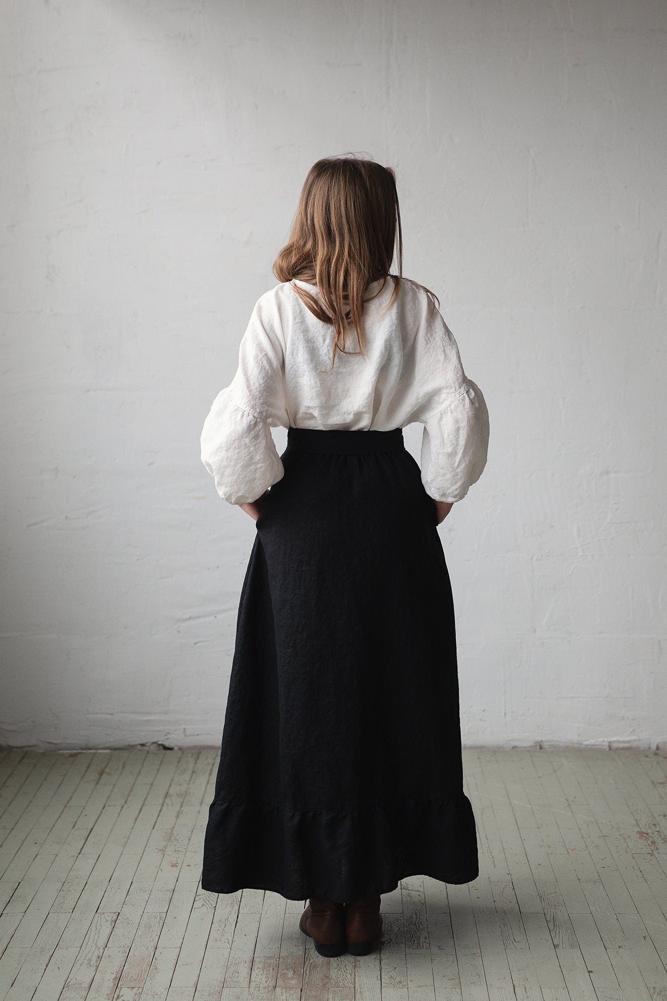 Black Romantic Long Linen Skirt