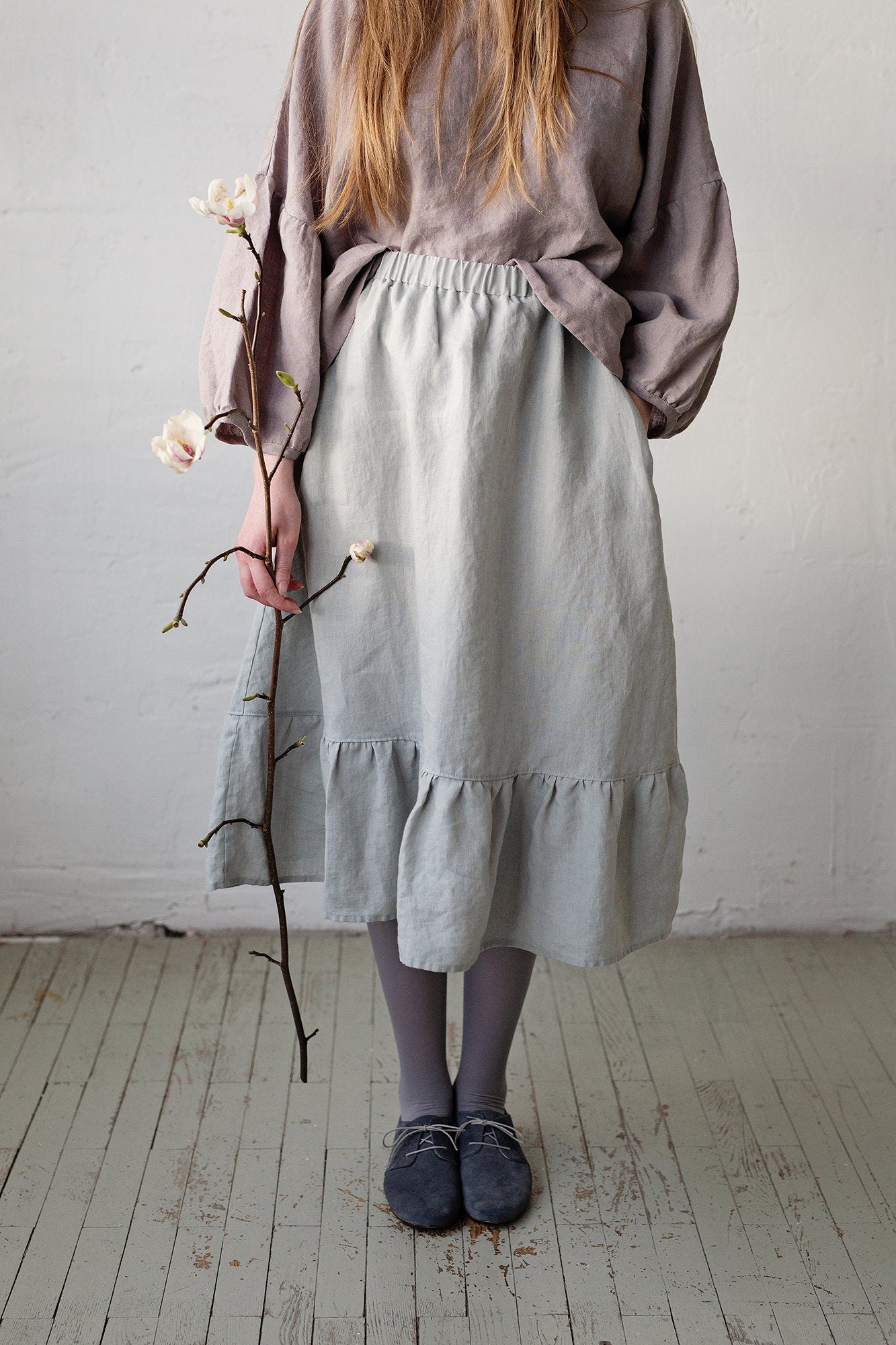 Fog Grey Romantic Midi Linen Skirt