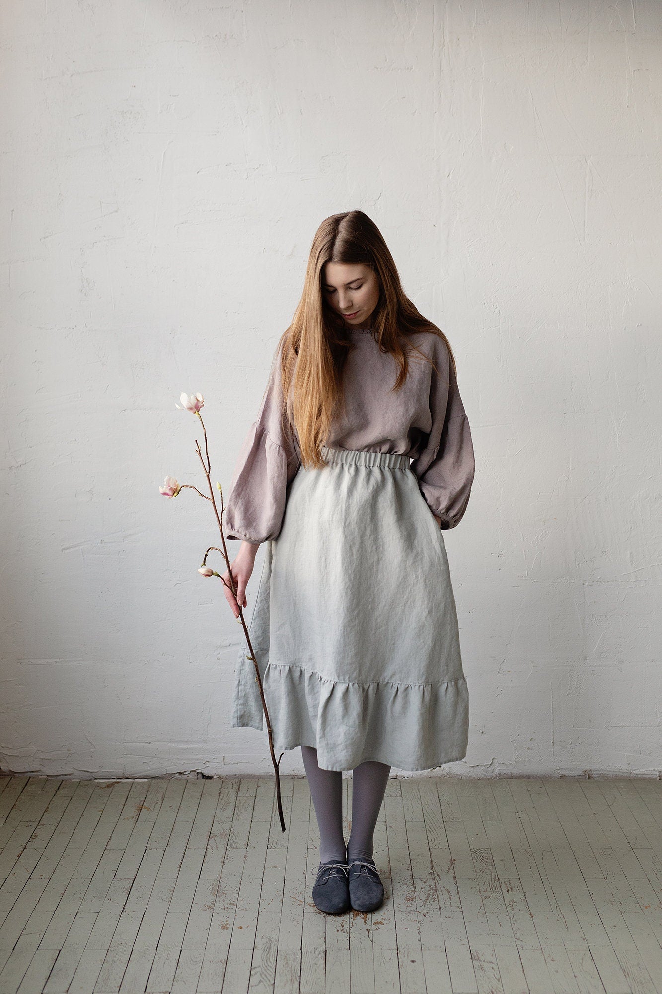Fog Grey Romantic Midi Linen Skirt