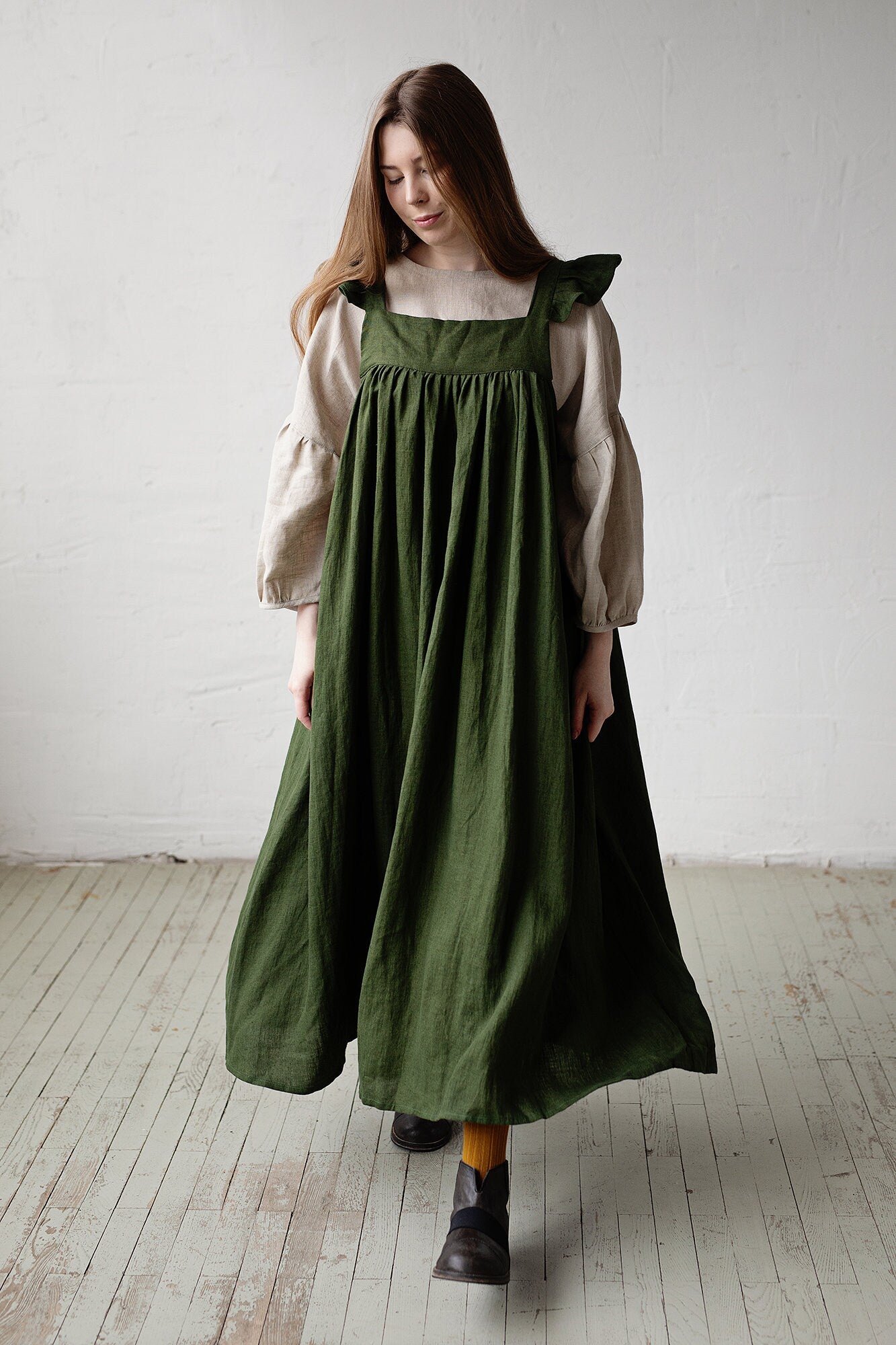 Forest Green Prairie Linen Dress