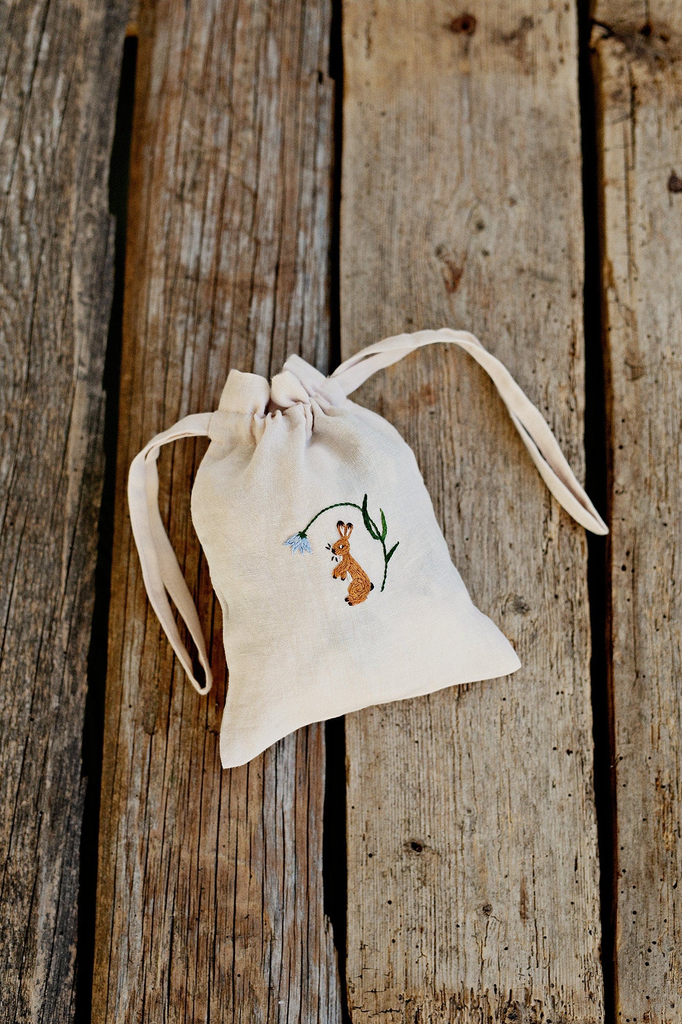 Rabbit and Flower Pouch Linen Bag