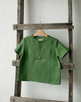 Apple Green Short Sleeve Button Linen Shirt, Size 1-2 years
