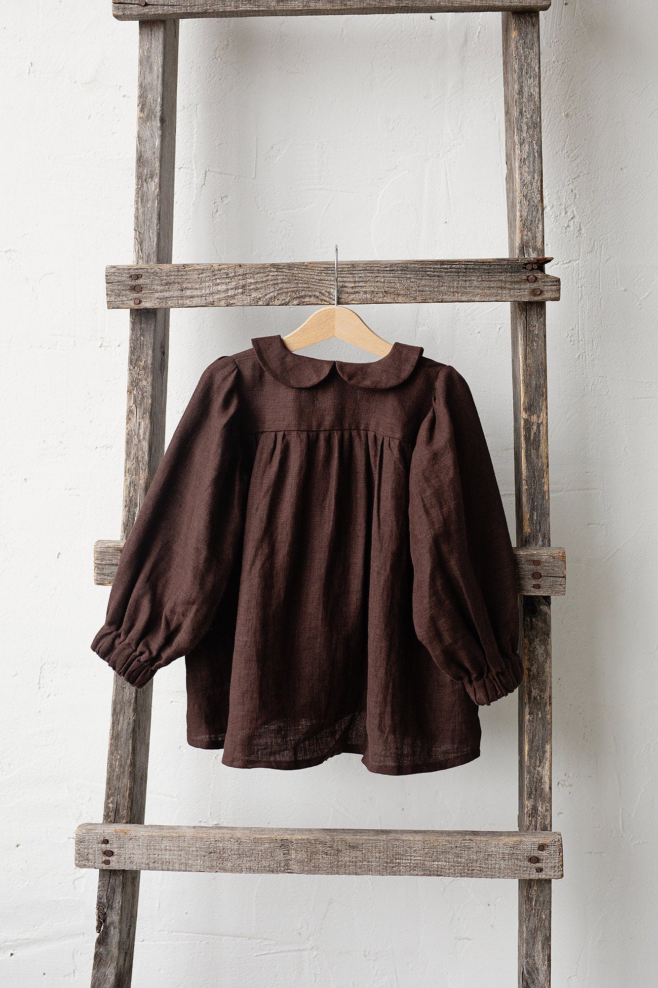 Chocolate Linen Tunic Dress, Size 4-5 years, Lily of the Valley embroidery