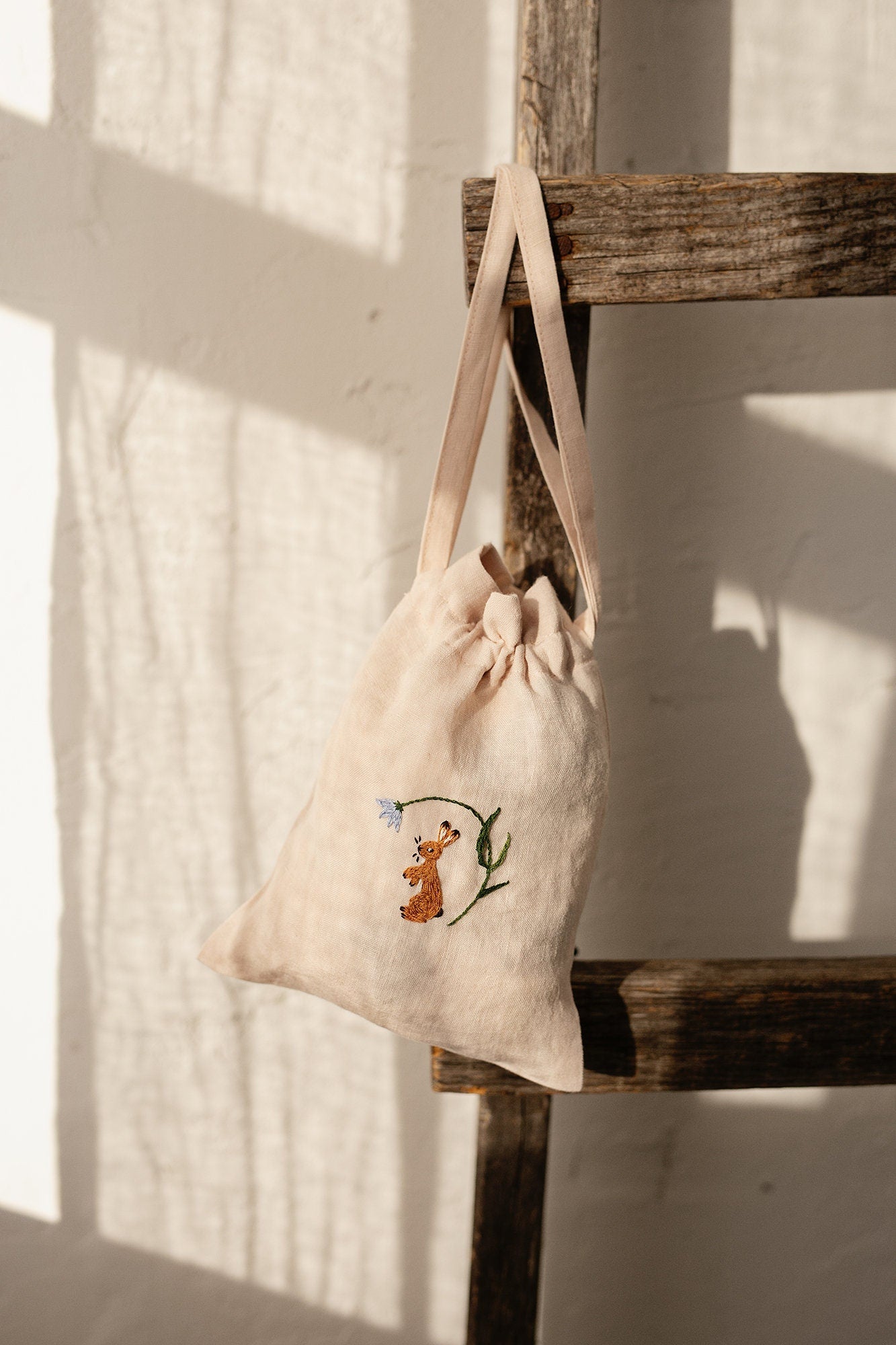 Rabbit and Flower Pouch Linen Bag