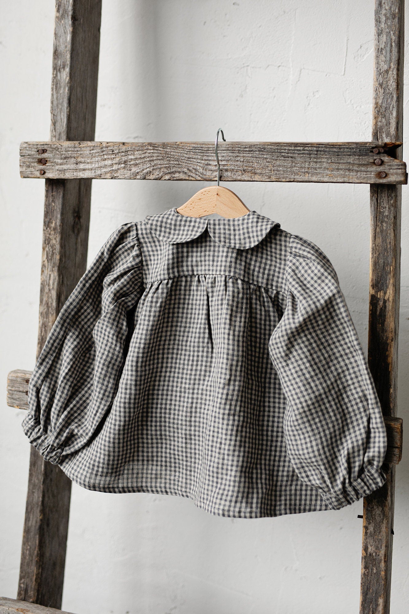 Grey Gingham Linen Tunic Dress, Size 4-5 years, Twig &amp; Fox embroidery