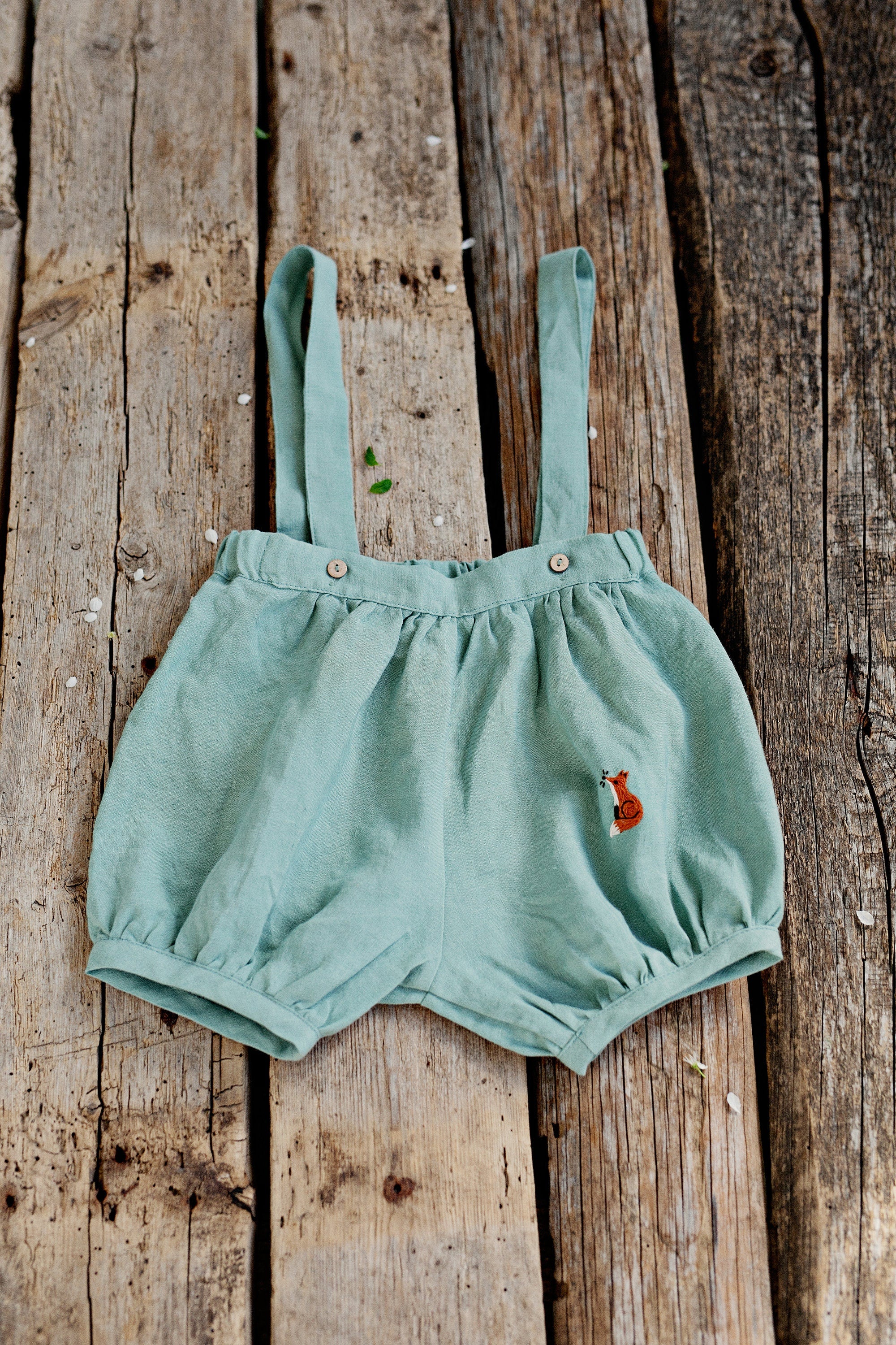 Mint Linen Shorts with Suspenders