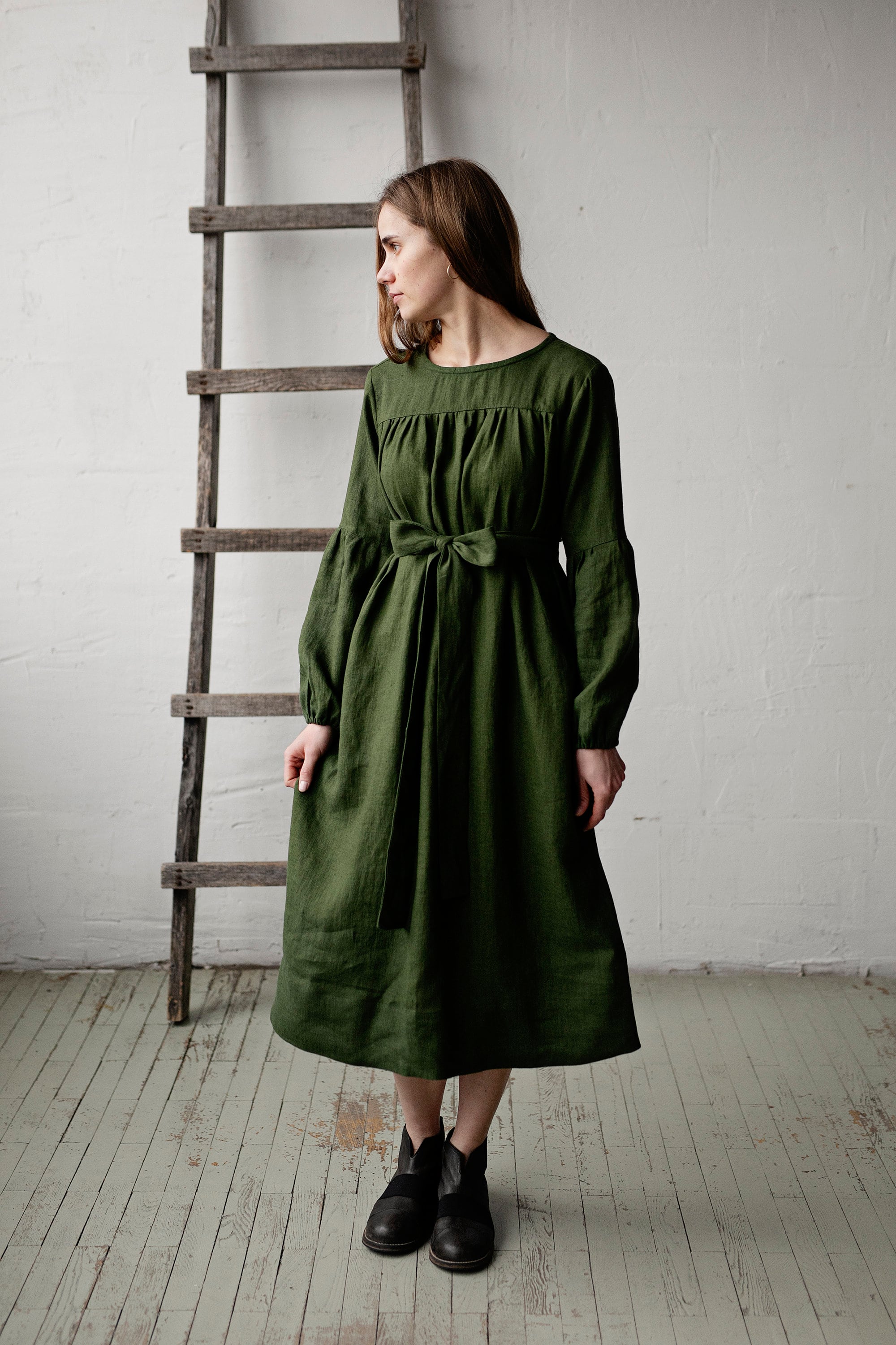 Forest Green Victorian Linen Dress