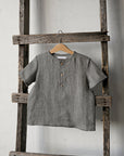Grey Gingham Short Sleeve Button Linen Shirt
