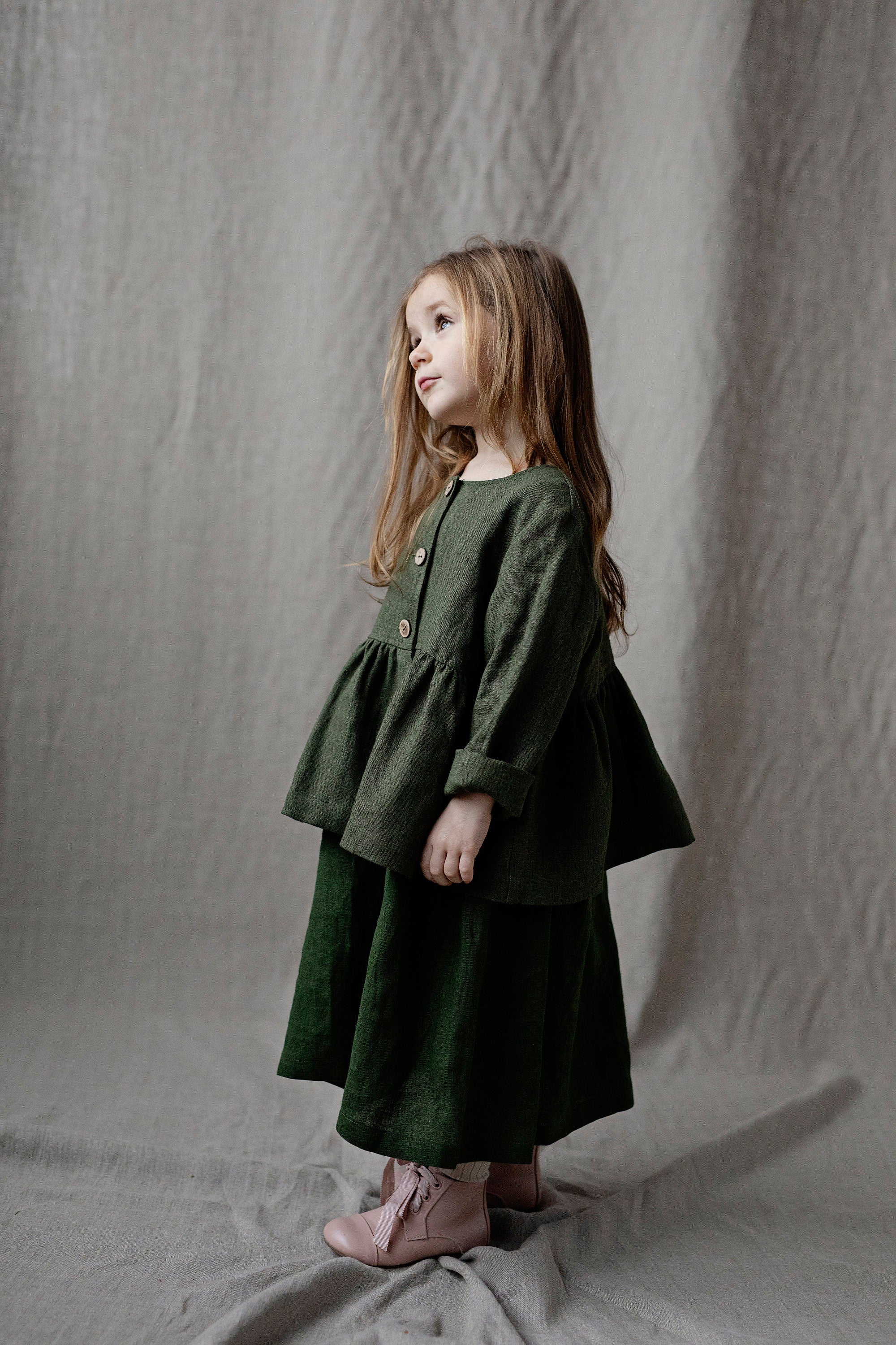 Moss Green Ruffle Linen Jacket, Size 7-8 years