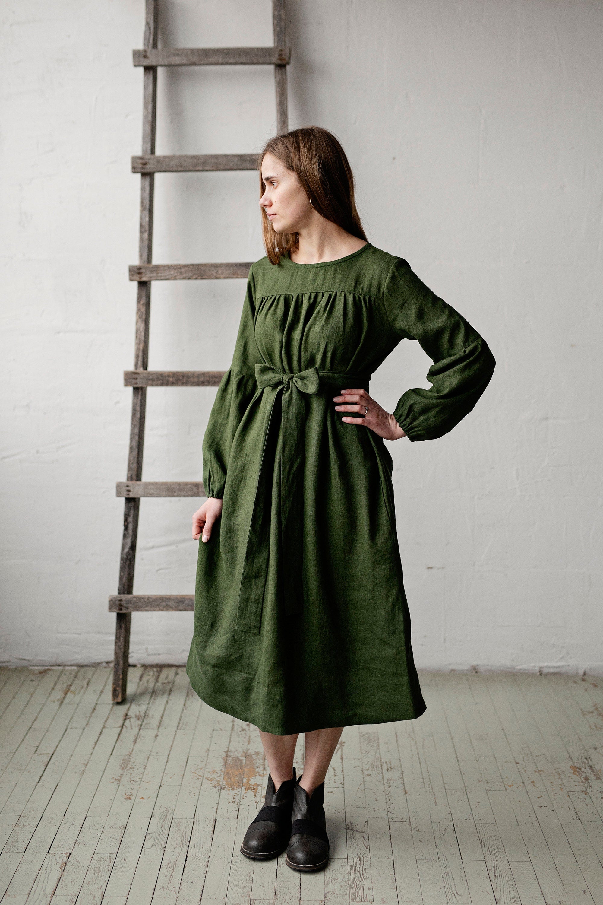 Forest Green Victorian Linen Dress allthebeautifullinen Forest Green Victorian Linen Dress allthebeautifullinen