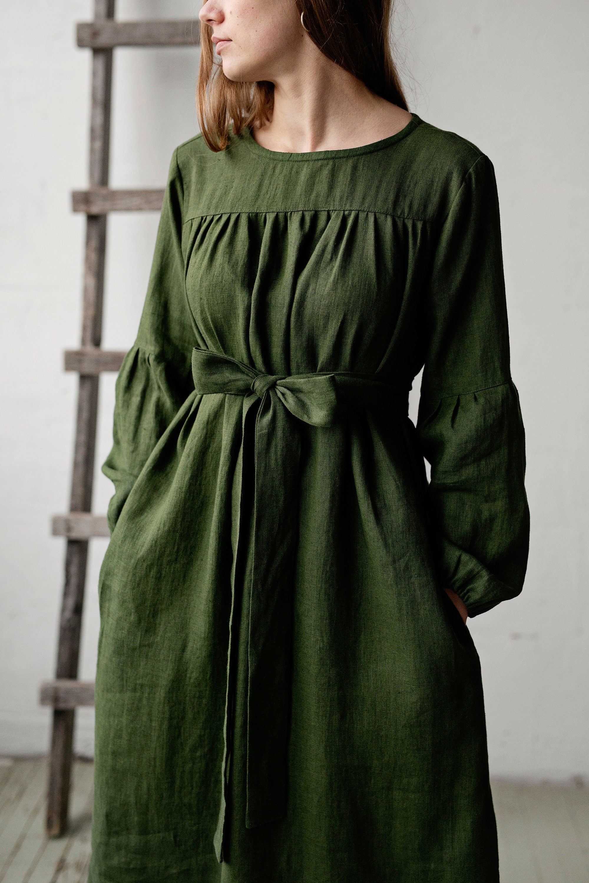 Forest Green Victorian Linen Dress