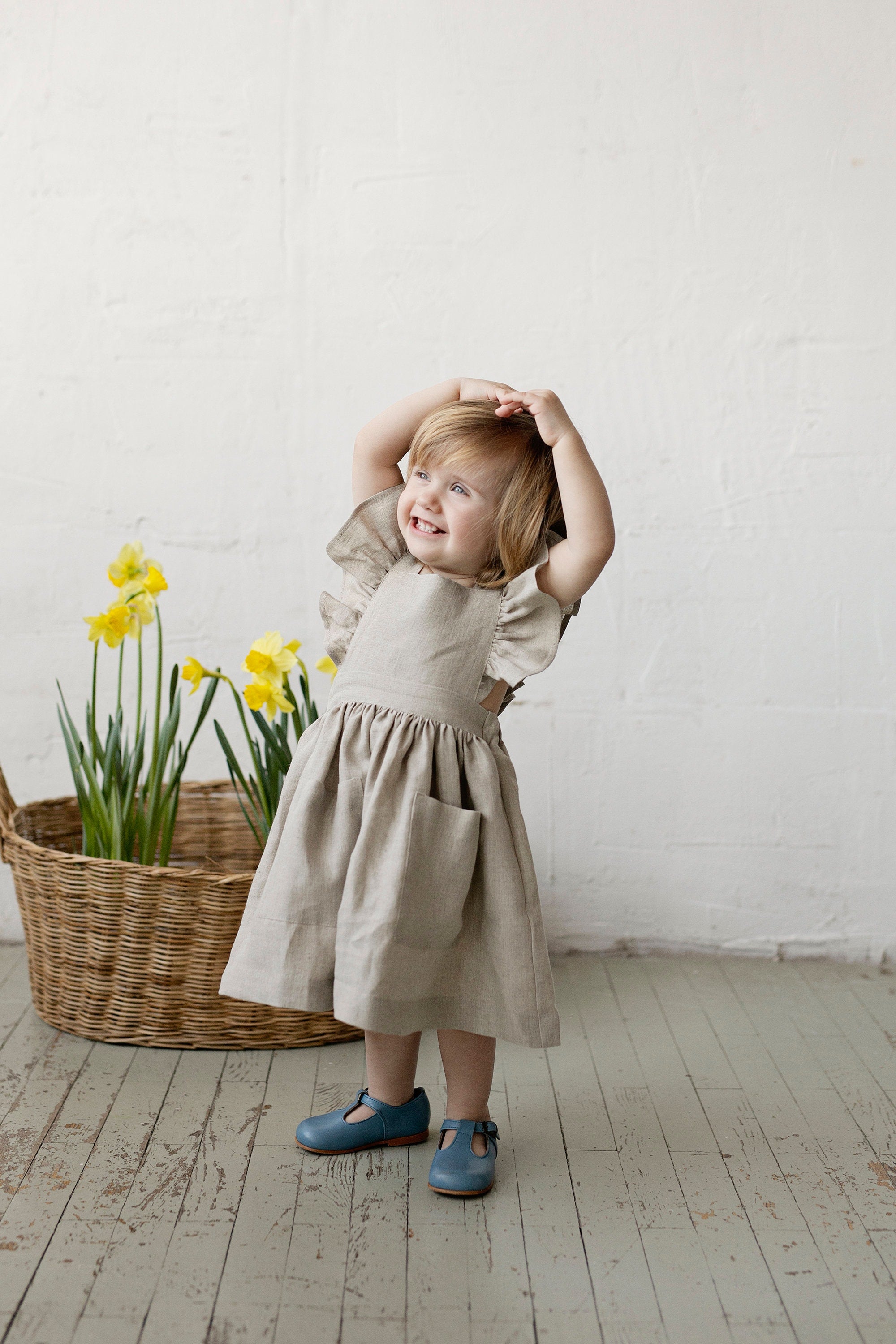Natural Cross Back Linen Pinafore with Wings