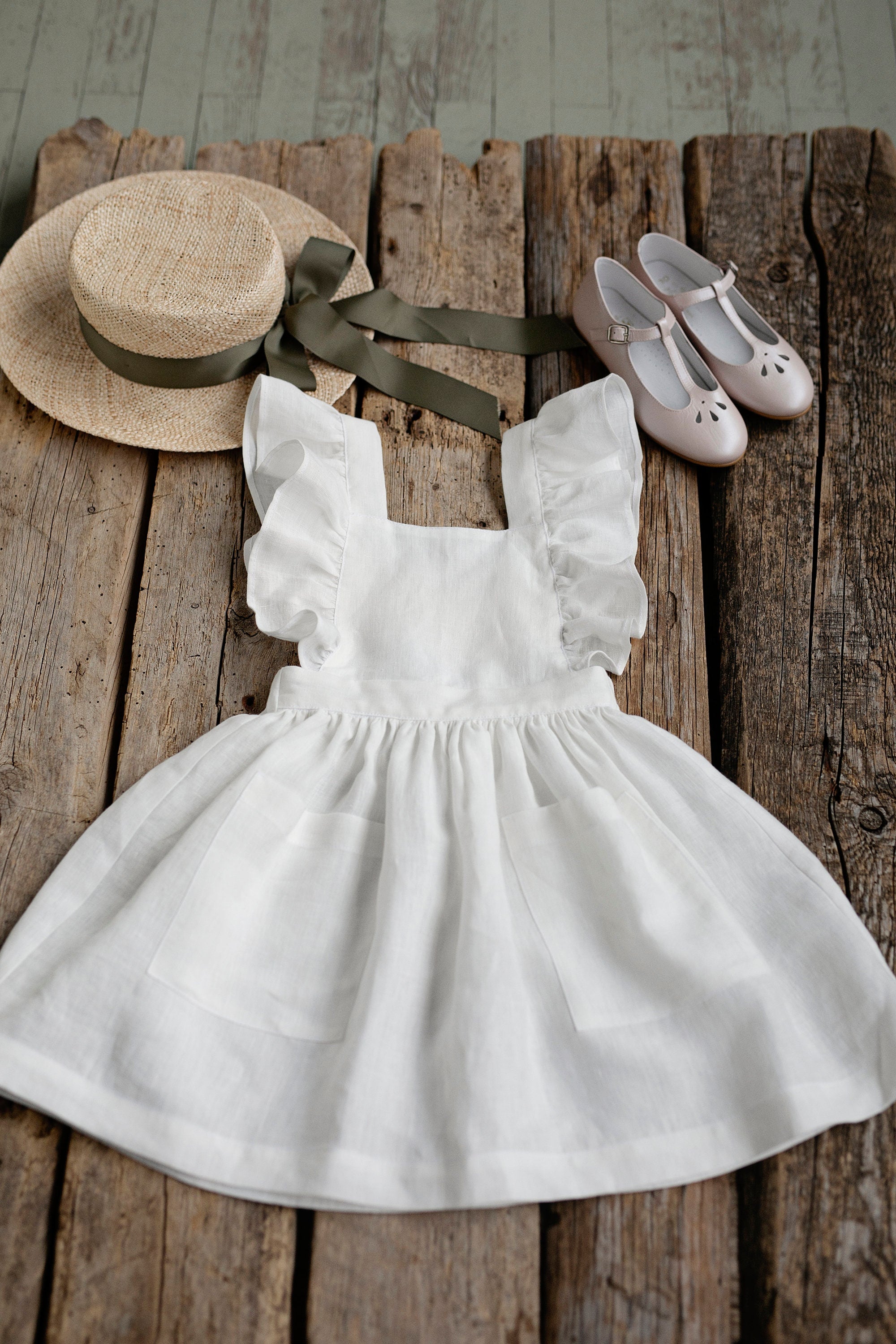 White Cross Back Linen Pinafore with Wings