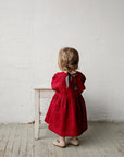 Cherry Tea Linen Dress, Size 1-2 years, Fawn in the Meadow embroidery
