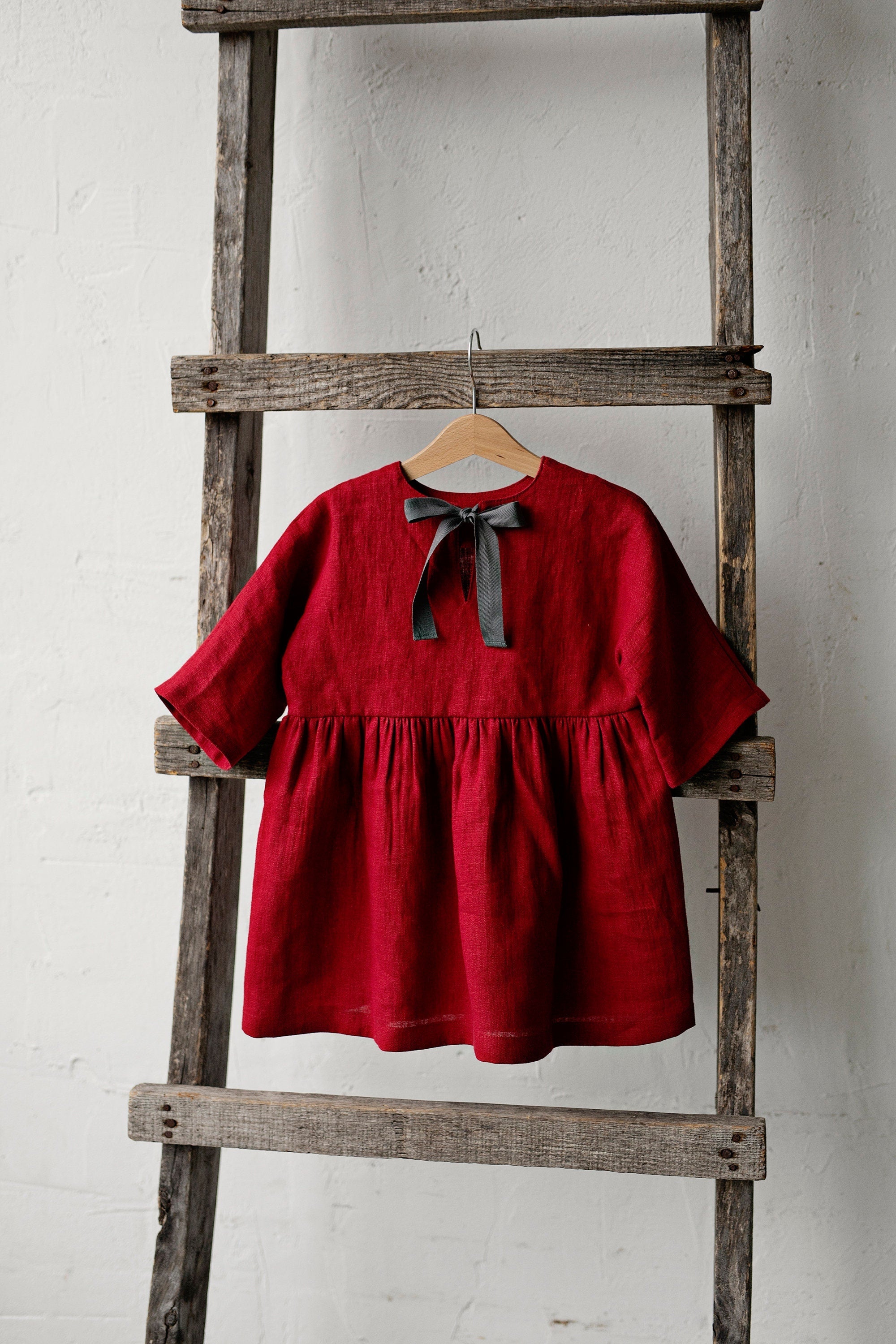 Cherry Tea Linen Dress, Size 1-2 years, Fawn in the Meadow embroidery