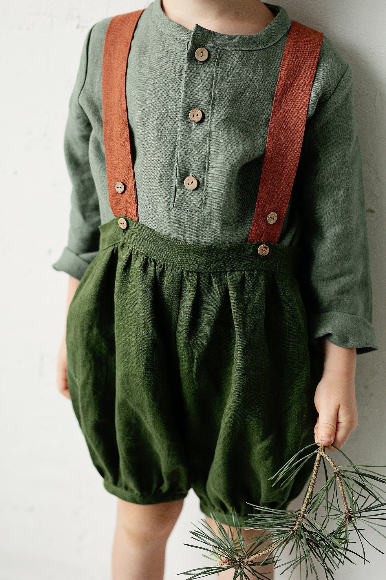 Forest Green &amp; Rust Autumn Linen Shorts with Suspenders