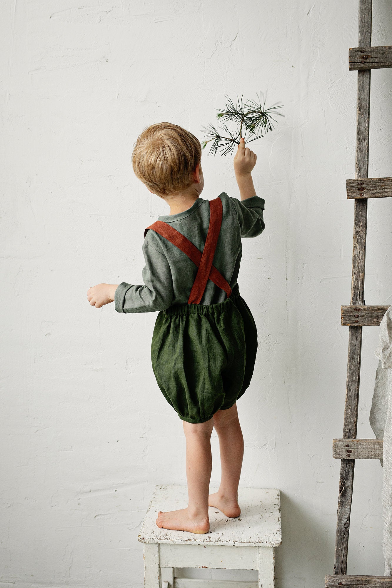 Forest Green &amp; Rust Autumn Linen Shorts with Suspenders