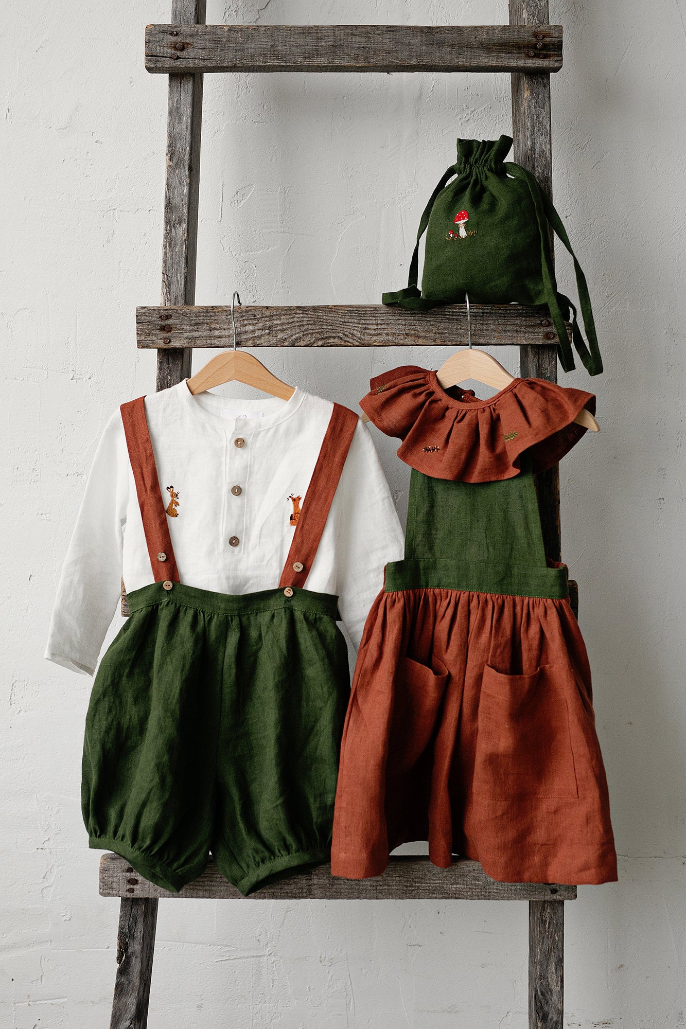 Forest Green &amp; Rust Autumn Linen Shorts with Suspenders