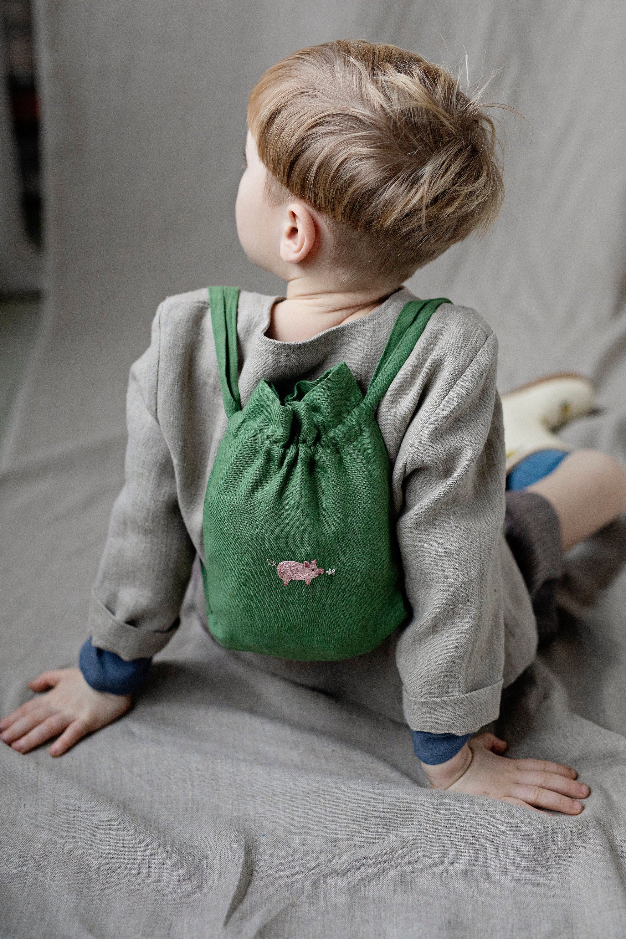 Pig and Flower Linen Backpack